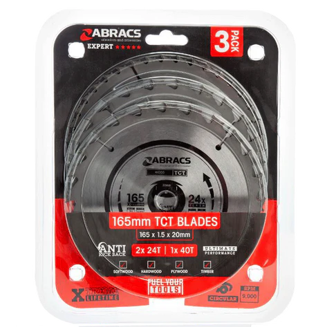 The Abracs 165mm TCT Blades Triple Pack includes 2 x 24T and 1 x 40T circular saw blades in branded retail packaging.