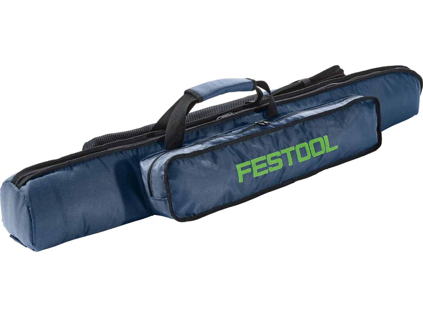 A blue padded carrying case with a handle and a front zippered pocket.