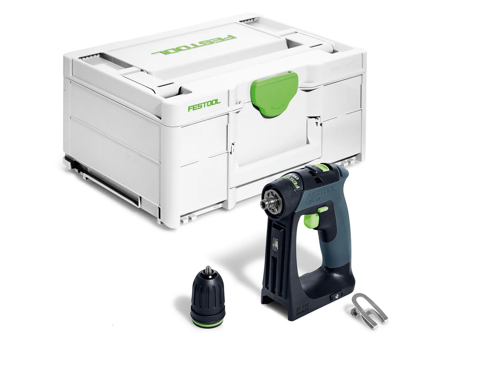 A Festool 577223 Cordless TDC 18/4-Basic GB drill with a black and green grip, detachable chuck, metal clip, and case behind.