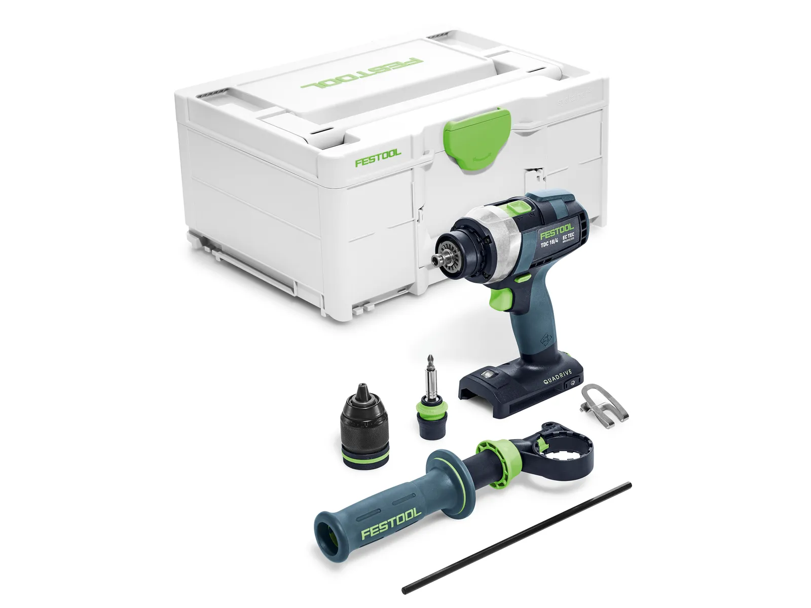 The Festool 577223 Cordless TDC 18/4-Basic GB drill set with accessories and a white case with green accents on a white background.