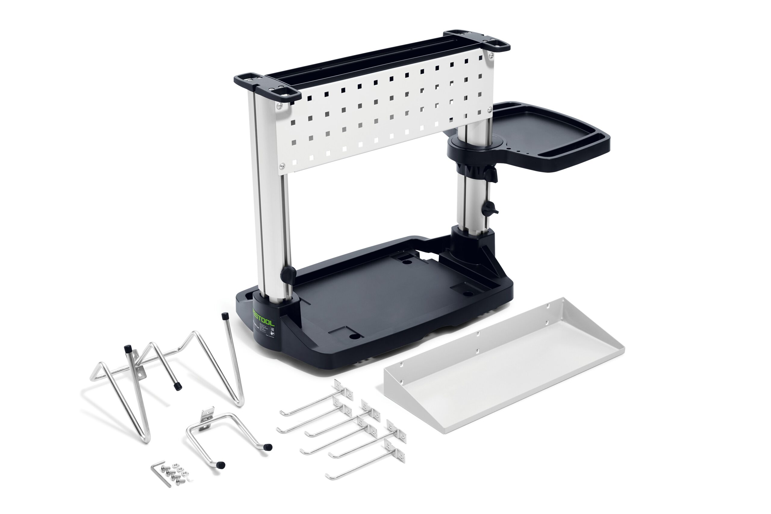 The Festool 577253 Workcenter WCR 1000 T-Loc is a modular desk organizer with a perforated back, two trays, and metal hooks.