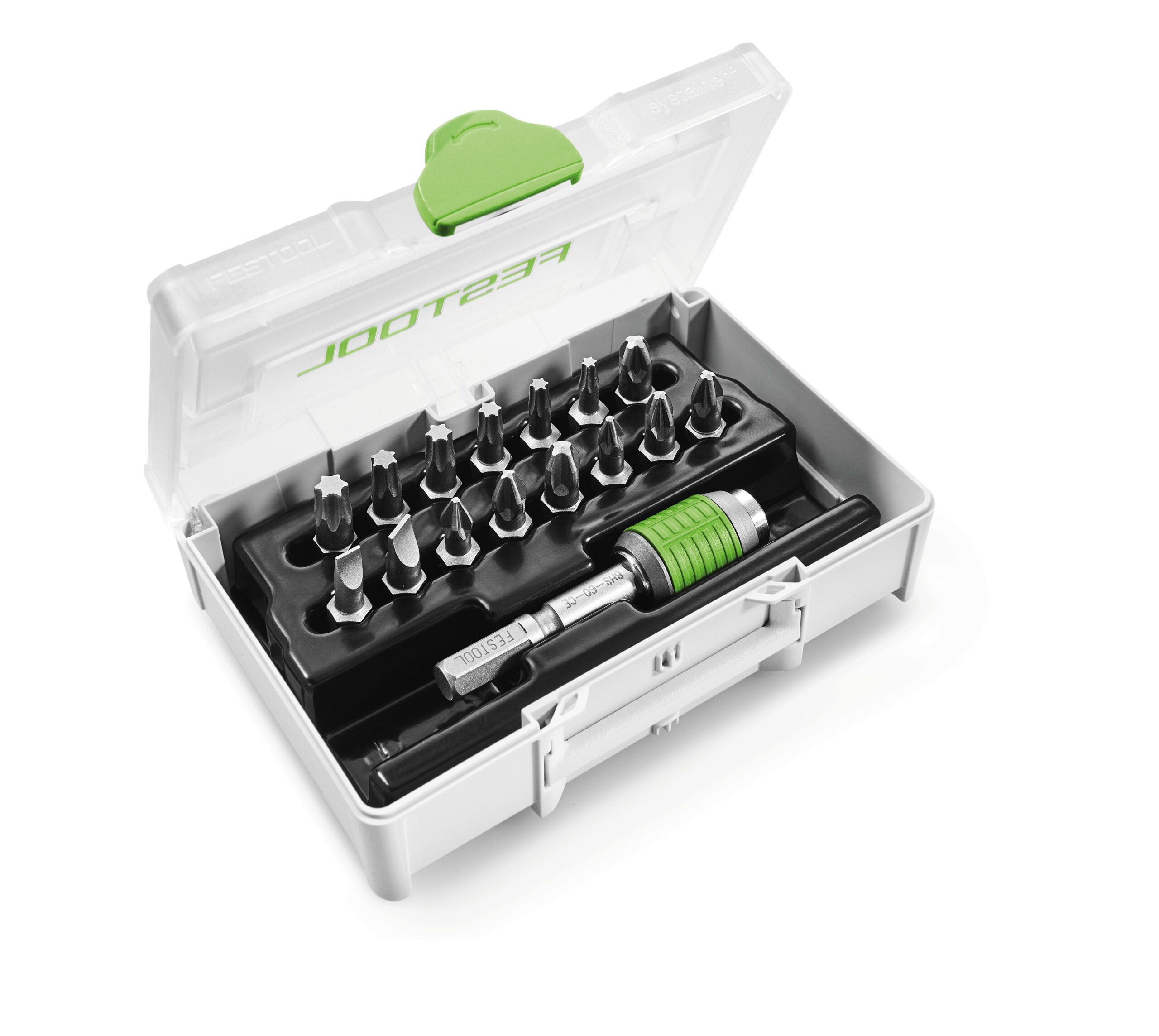 A plastic case holds screwdriver bits, a green and silver handle, and an extension bar, organized in black foam with clear lid and green latch.