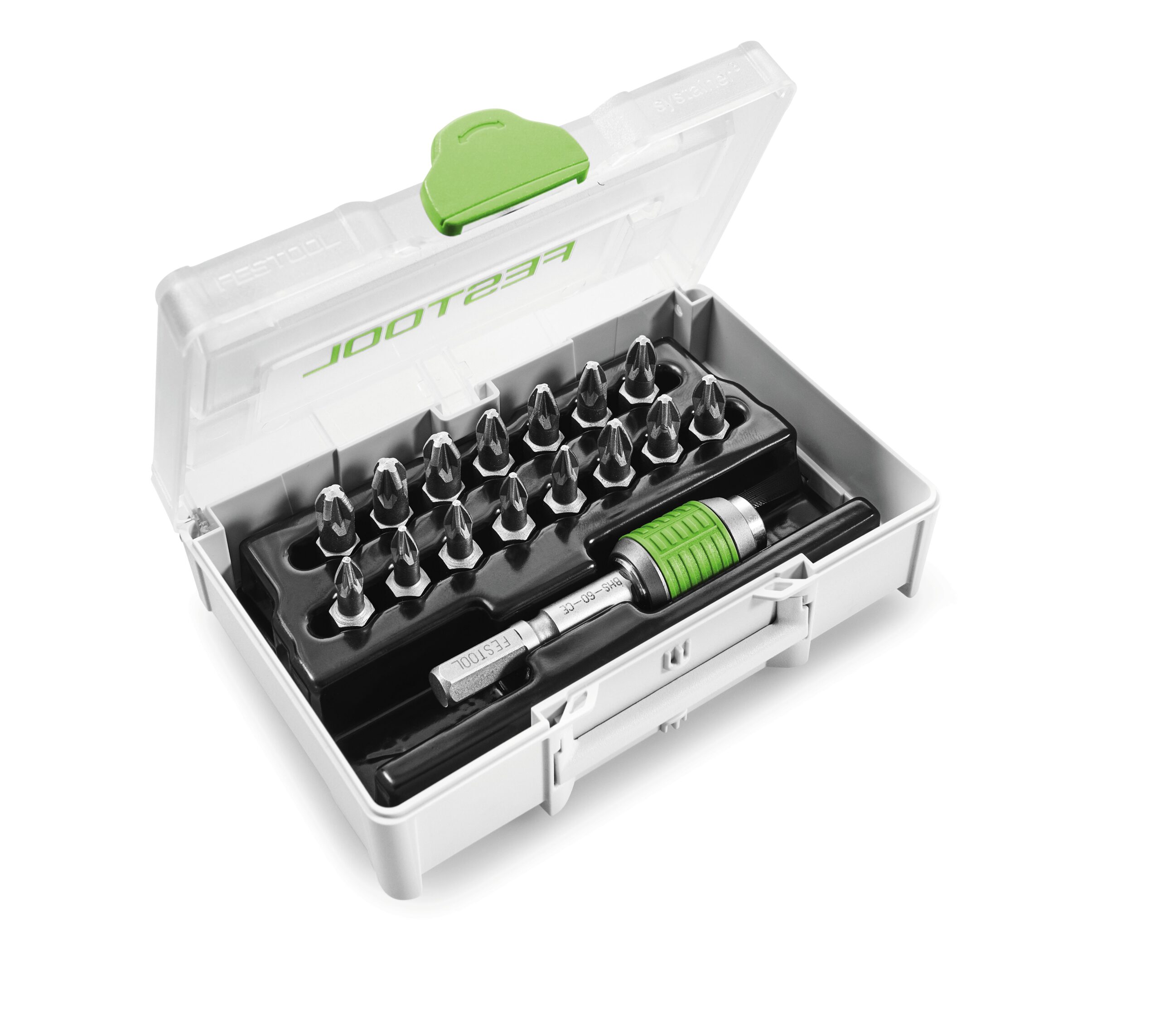 A white and green plastic case with multiple screwdriver bits and a green-handled driver, neatly arranged with the lid open.