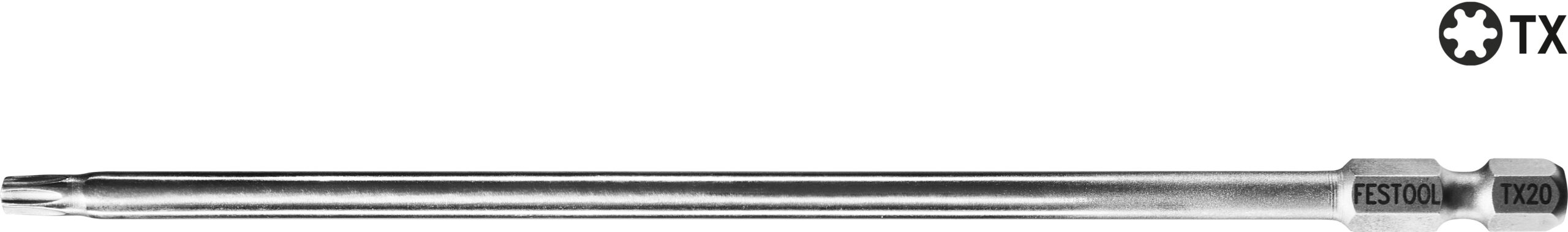 Long, silver Torx screwdriver bit with a TX star-shaped tip.