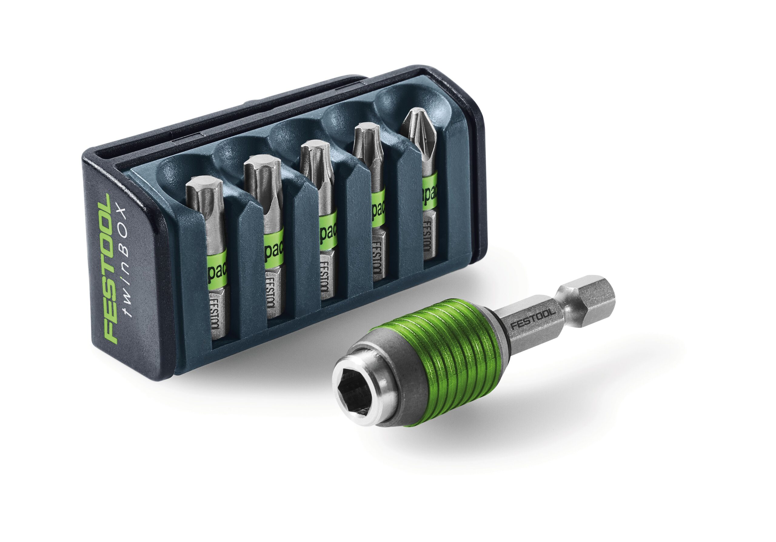 The Festool 204383 Bit cassette BT-IMP SORT3 has five metal screwdriver bits in a black holder, with a green and silver bit holder in front.