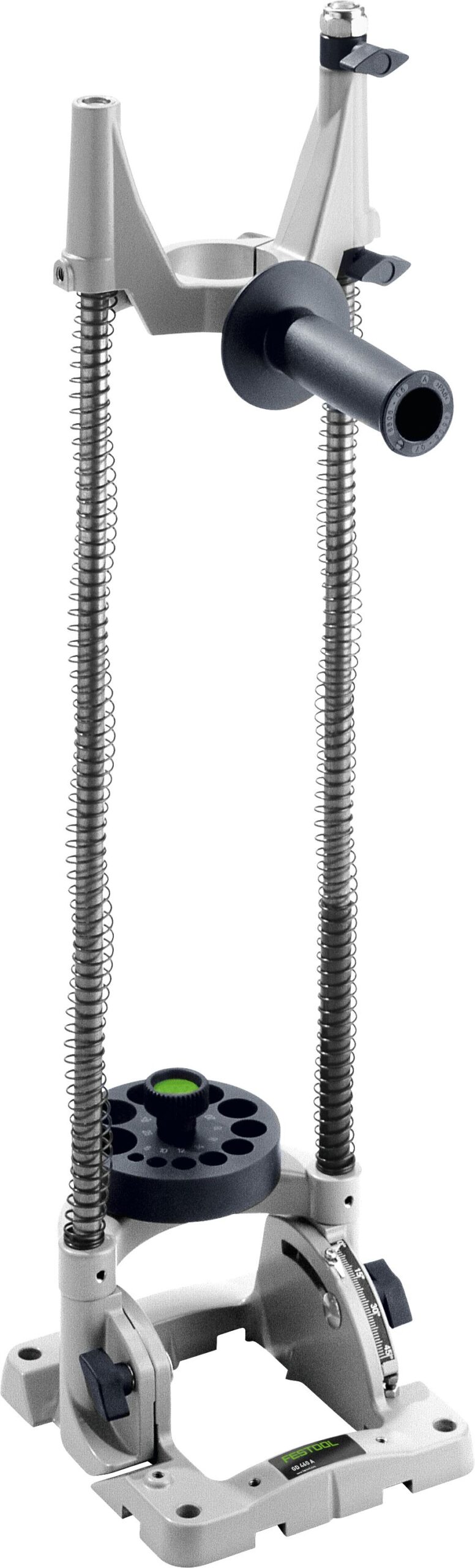 The Festool 769042 Upright of dril GD 460 A is a metal plunge base tool with two springs, circular base, and depth adjustment handle.