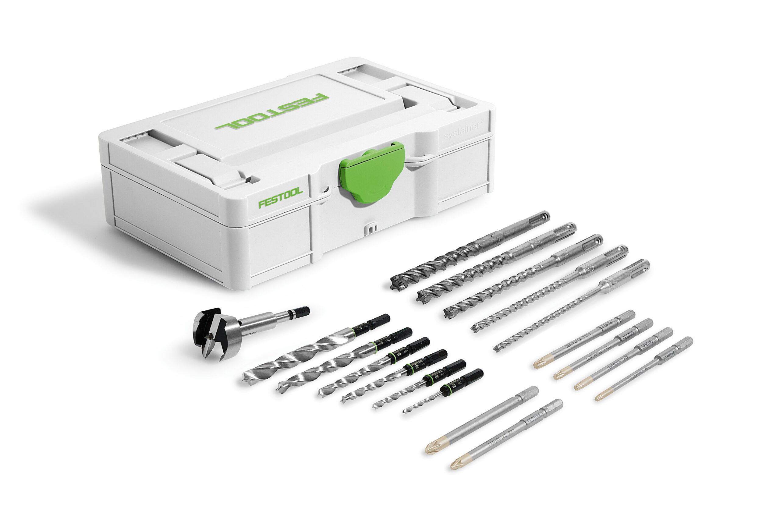 A white Festool 578119 SYS3 S 76-BB-Set storage box with green latch behind neatly arranged Festool drill bits on white background.