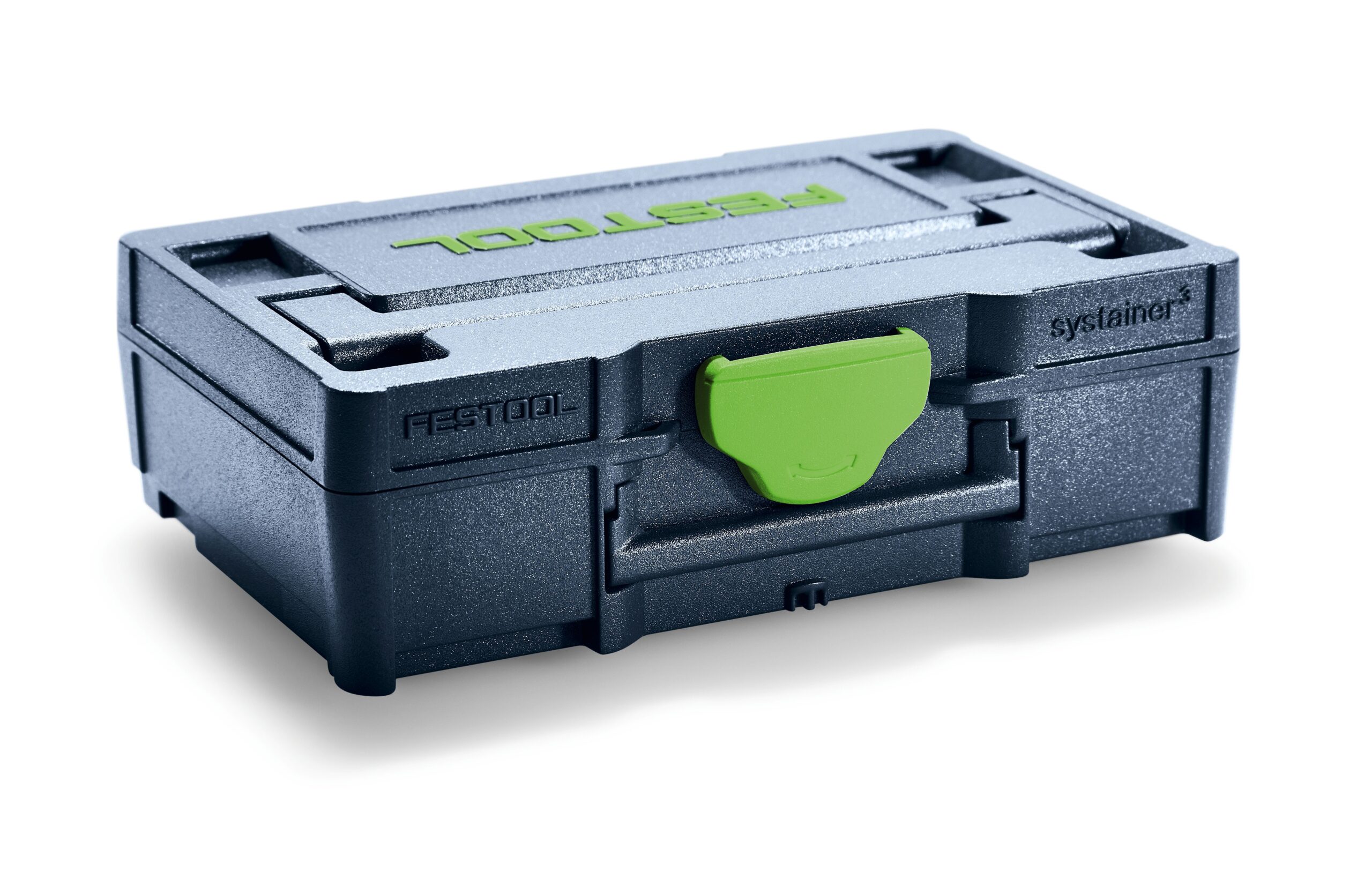 A black plastic tool storage case with a green latch on the front and a carrying handle.