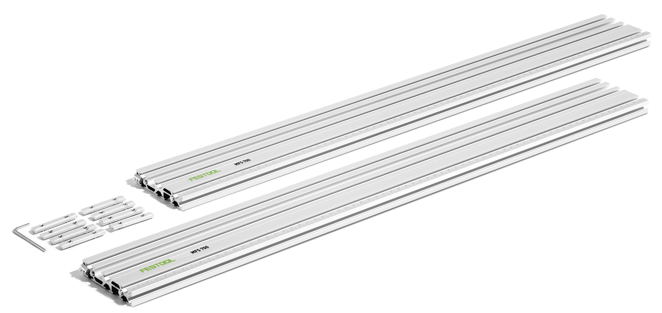 Four silver metal rails with metal connectors and a hex key are arranged on a white background, suggesting assembly components.
