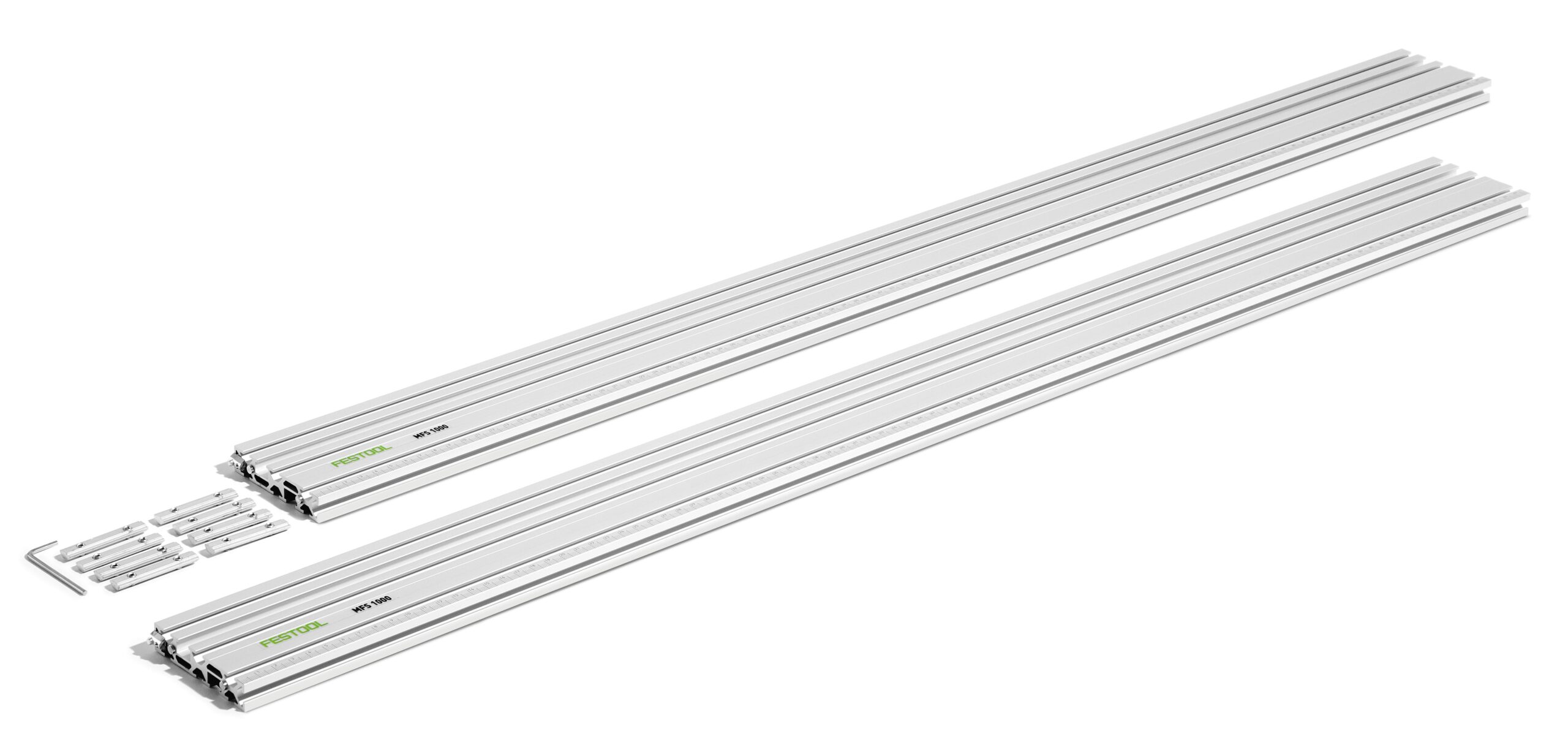 Four silver Festool 492725 EXTENS. PROFILE MFS VP 1000 aluminum rails with green labels, metal hex keys, and screws on white.