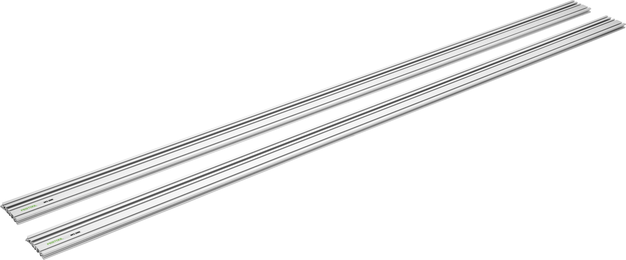 Two long, silver metal guide rails with grooved edges are placed parallel to each other on a white background.