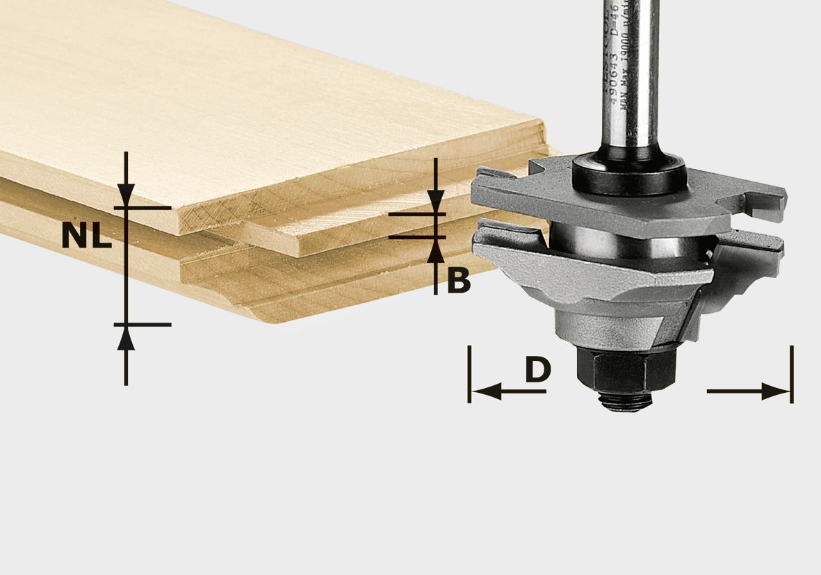 The Festool 490643 CUTTER HW S8 D46 x D12-FD router bit is beside a wooden board with a tongue and groove joint.