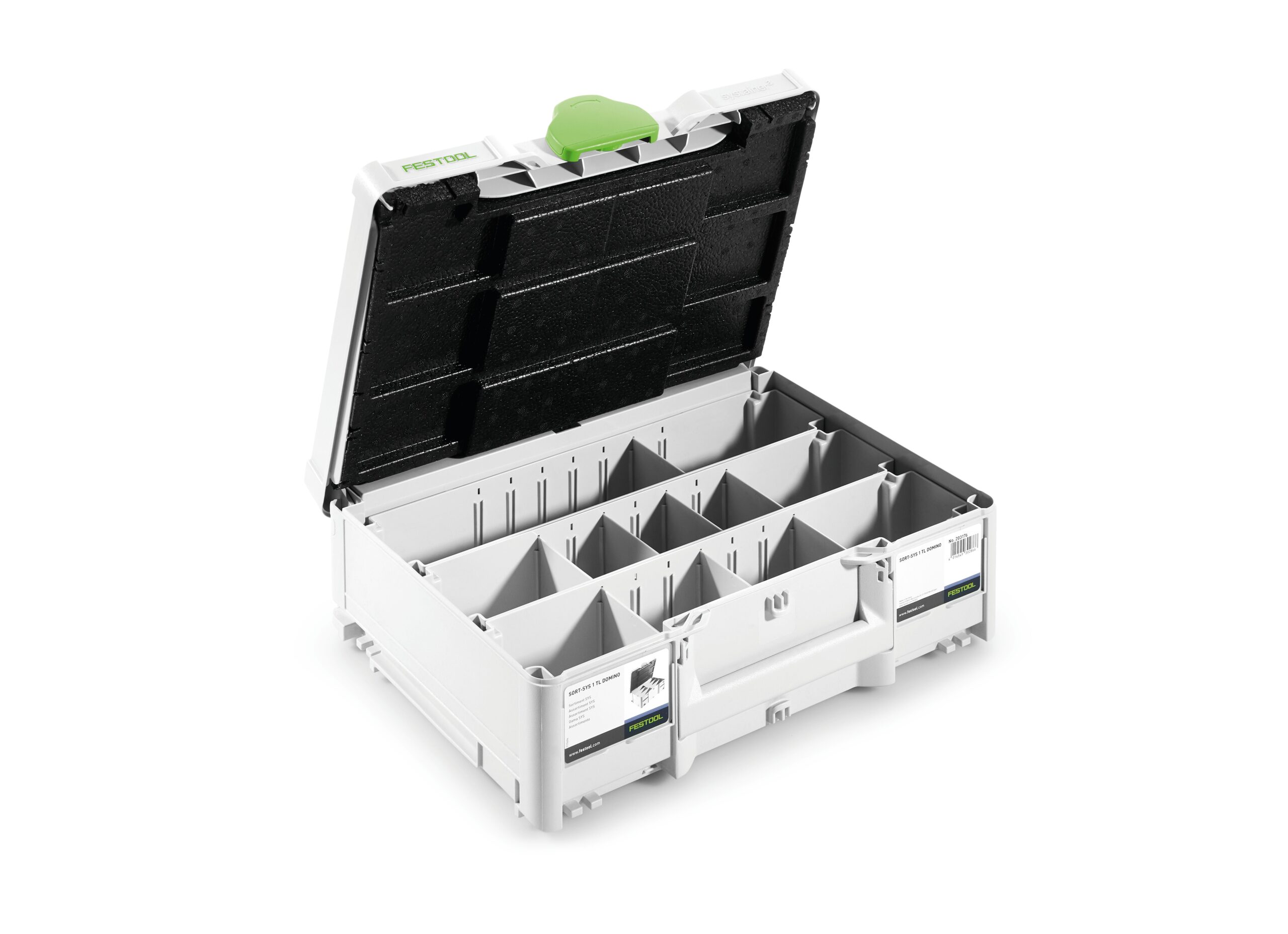 A white plastic organizer box with a green latch is open, showing several adjustable compartments and black padding on the lid.
