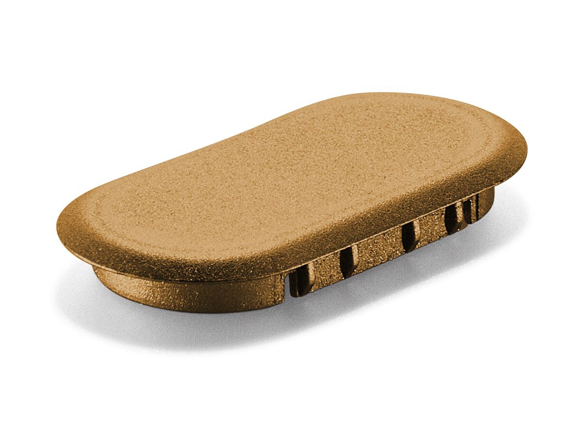 A brown, oval plastic end cap with a textured surface and small side fins, made to fit and cover the open end of a tube or pipe.