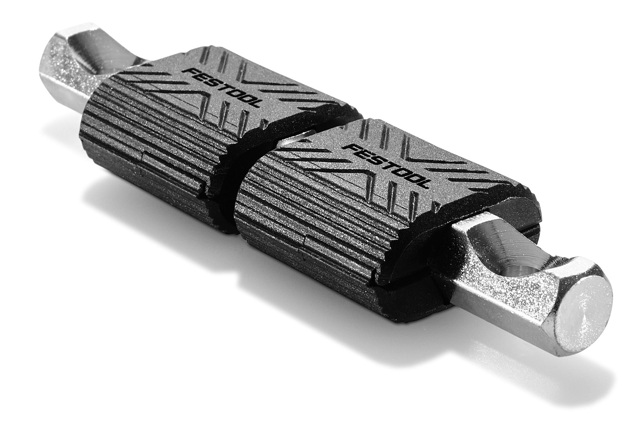 A close-up of a double-ended drill bit with textured black grips and metallic hexagonal ends, isolated on a white background.