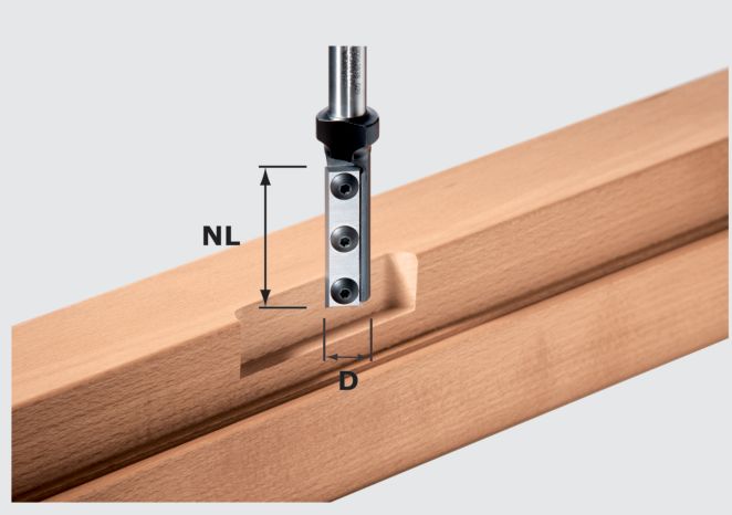A close-up of a Festool 497454 Wepla groove cu HW S12 D16/50 WP above wood with a rectangular slot, demonstrating accessory use.
