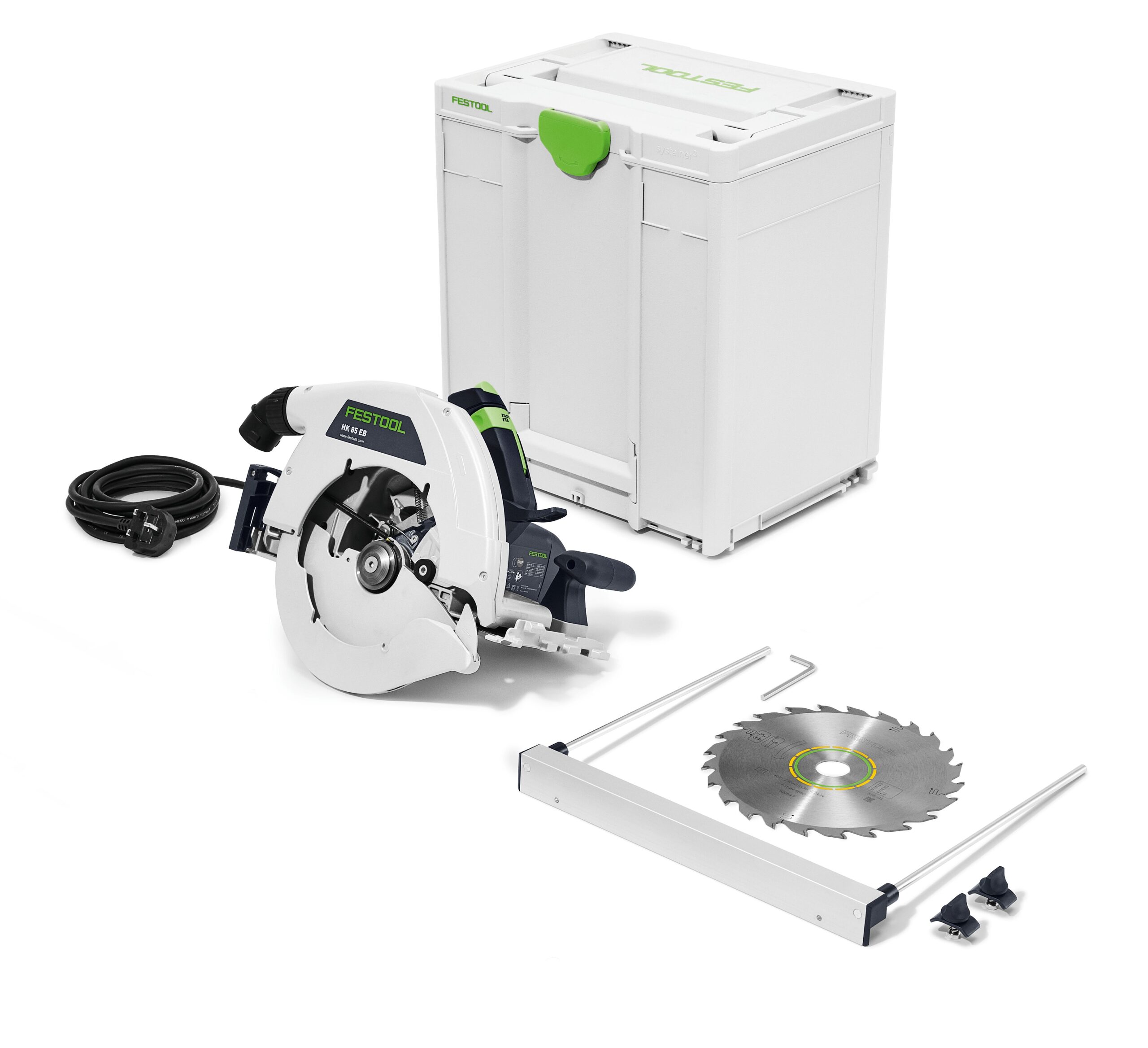 The Festool HK85 EB-PLUS 230V kit on a white background includes the saw, power cord, blade, guide rail, fasteners, and storage case.