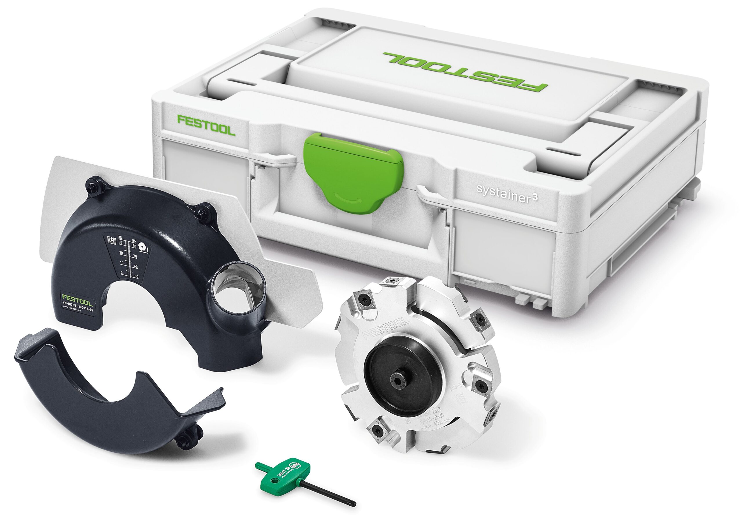 The Festool 576803 slot unit VN-HK85 130X16-25 includes a case, edge banding tool set, black covers, cutter head, and hex key.