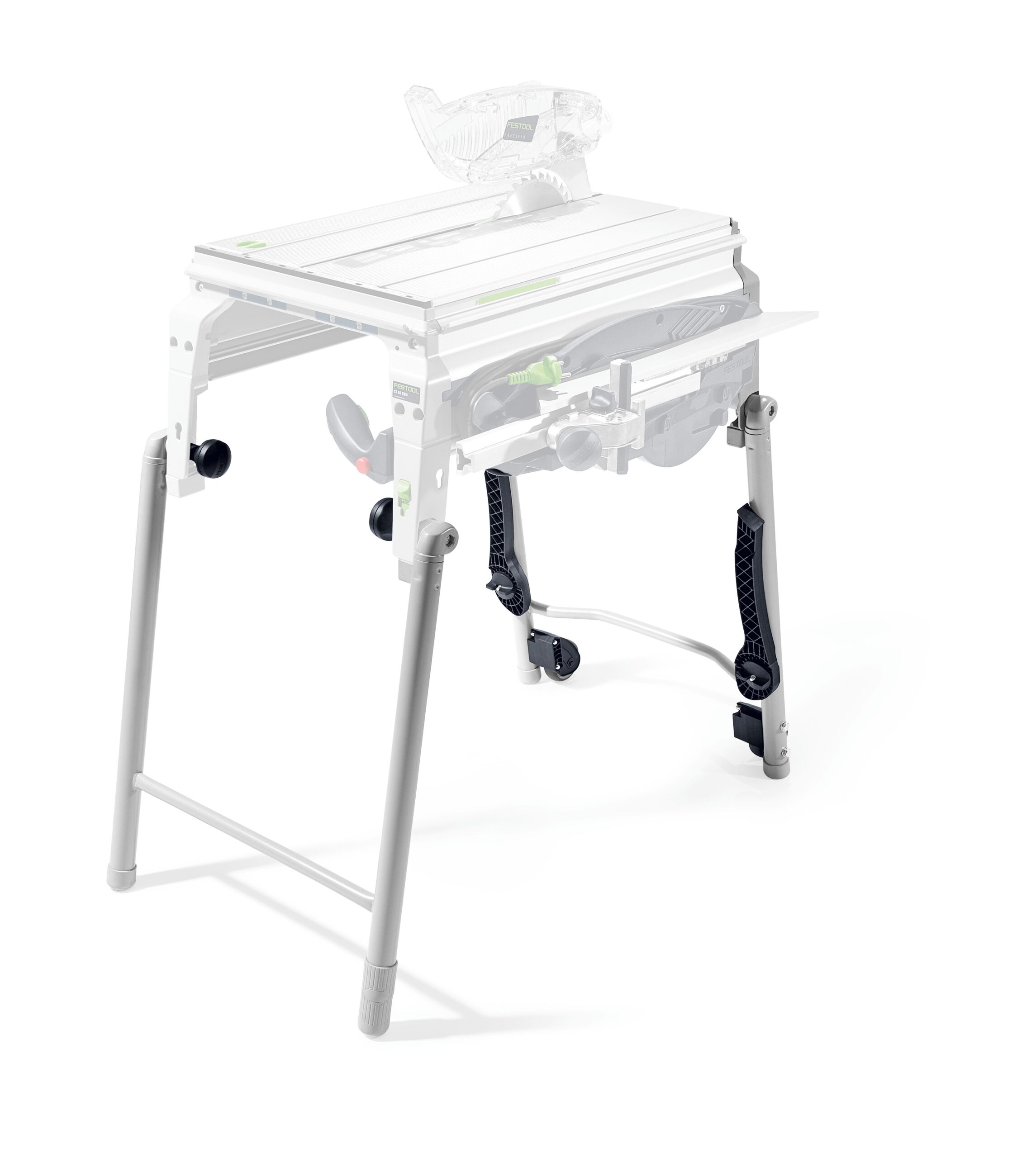 The Festool 575671 CS 50 KB is a white metal work table with foldaway legs, black folding mechanism, knobs, and visible under-table parts.