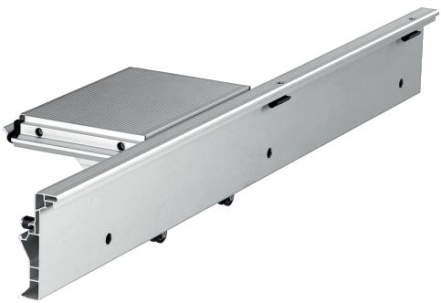 The Festool 492100 ROLLING TABLE CS 50 ST has a silver metal linear rail and carriage with a rectangular platform for sliding.