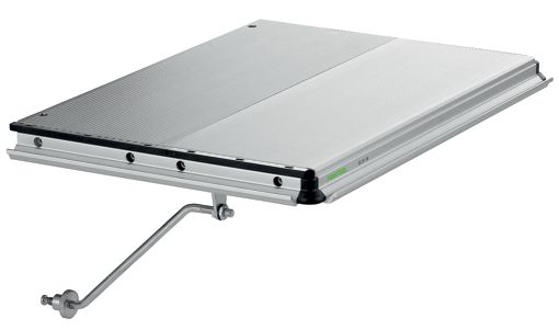 The Festool 492090 EXTENSION TABLE CS 50 VB is a metal retractable ramp with textured surface and fold-out support arm.