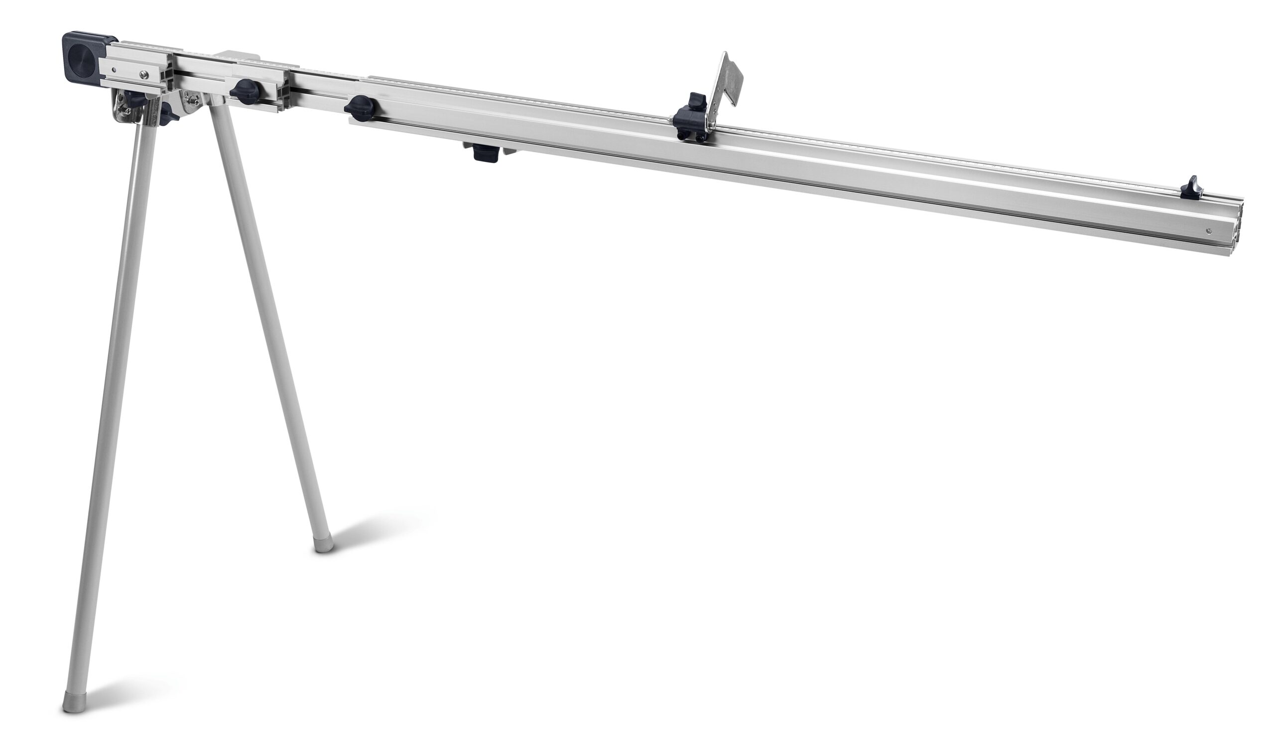 The Festool 488063 CS 70 KA Trimming Attachment is a metal miter saw stand with angled legs and an extendable rail for stability.