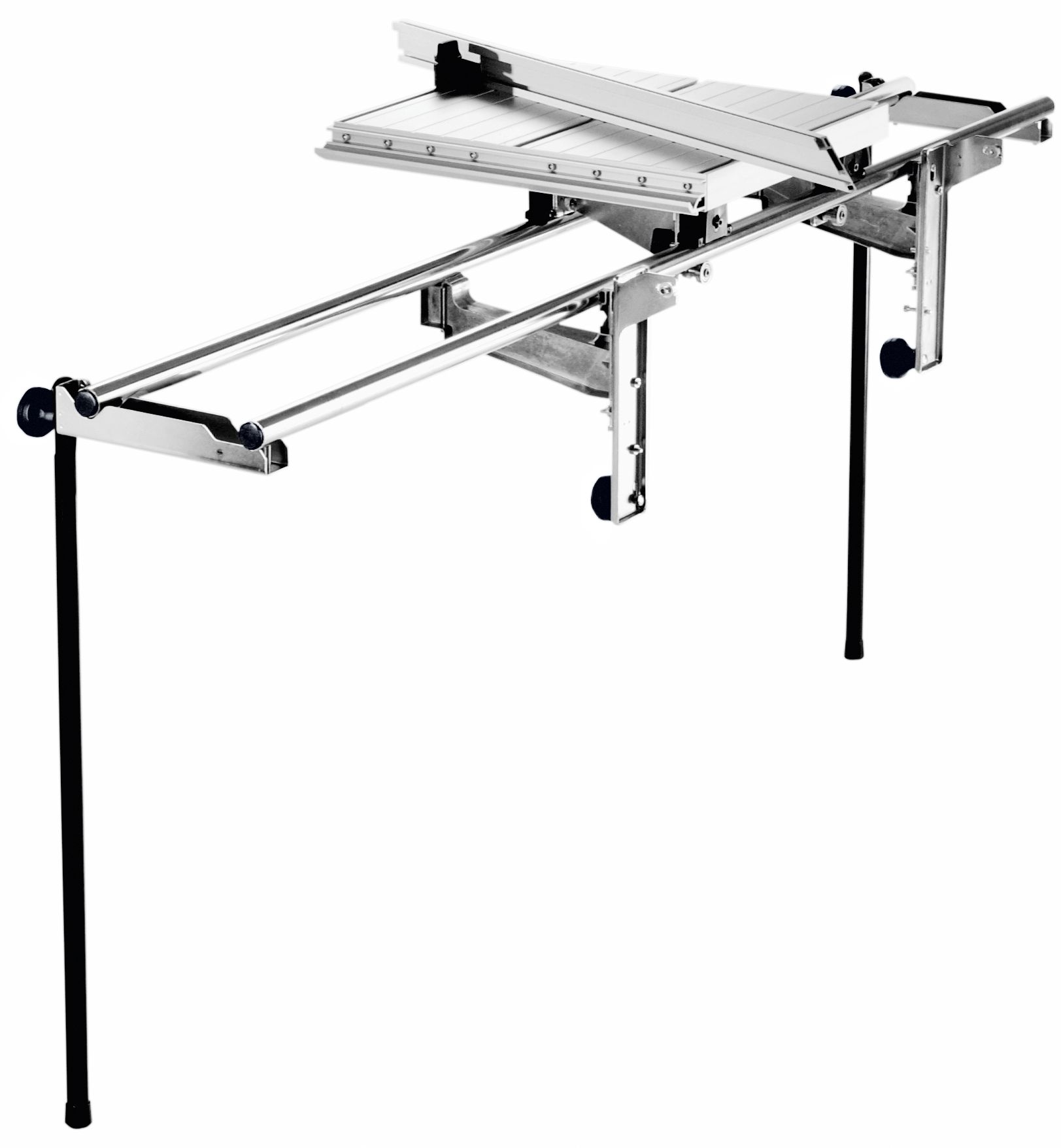 The Festool 488059 ROLLING TABLE CS 70 ST is a foldable metal table saw accessory with adjustable rails and two black legs.