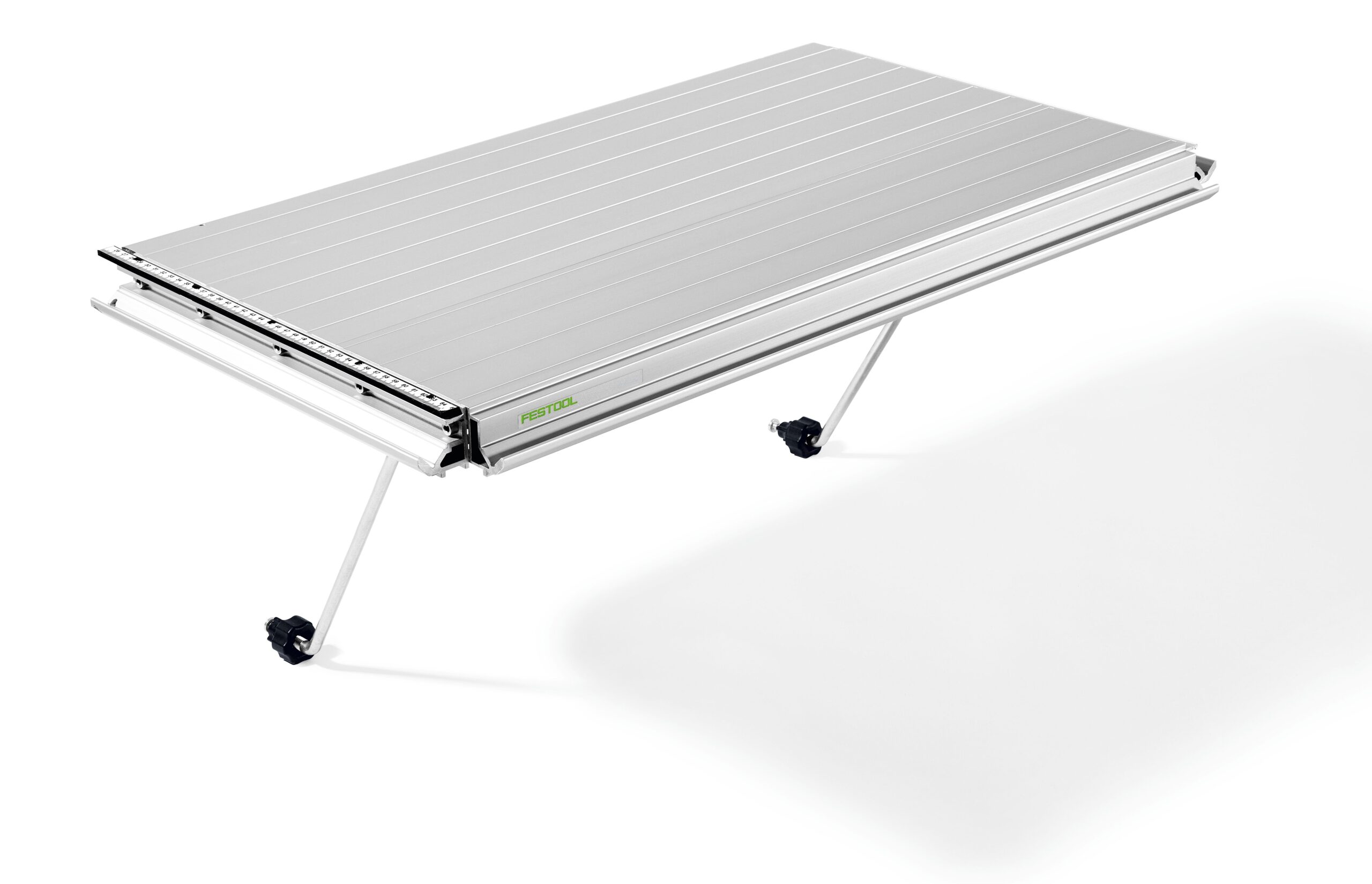 The Festool 575840 Extension Table VB TKS 80 has a silver, foldable slatted top and angled legs on a white background, minimal and lightweight.
