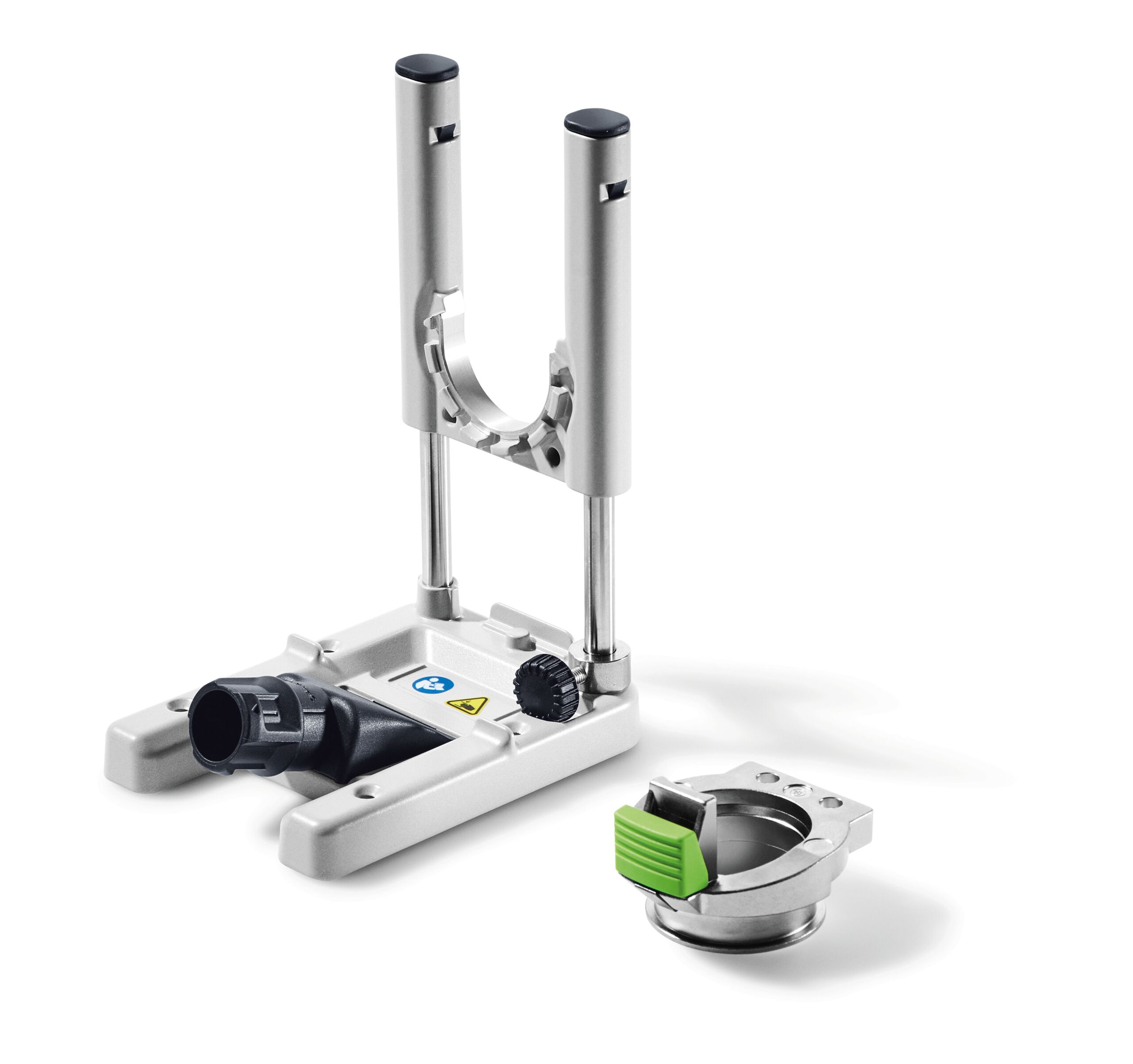 A metal and plastic precision tool with two upright rods, a dial, and a black knob beside a silver-green clamp on white.