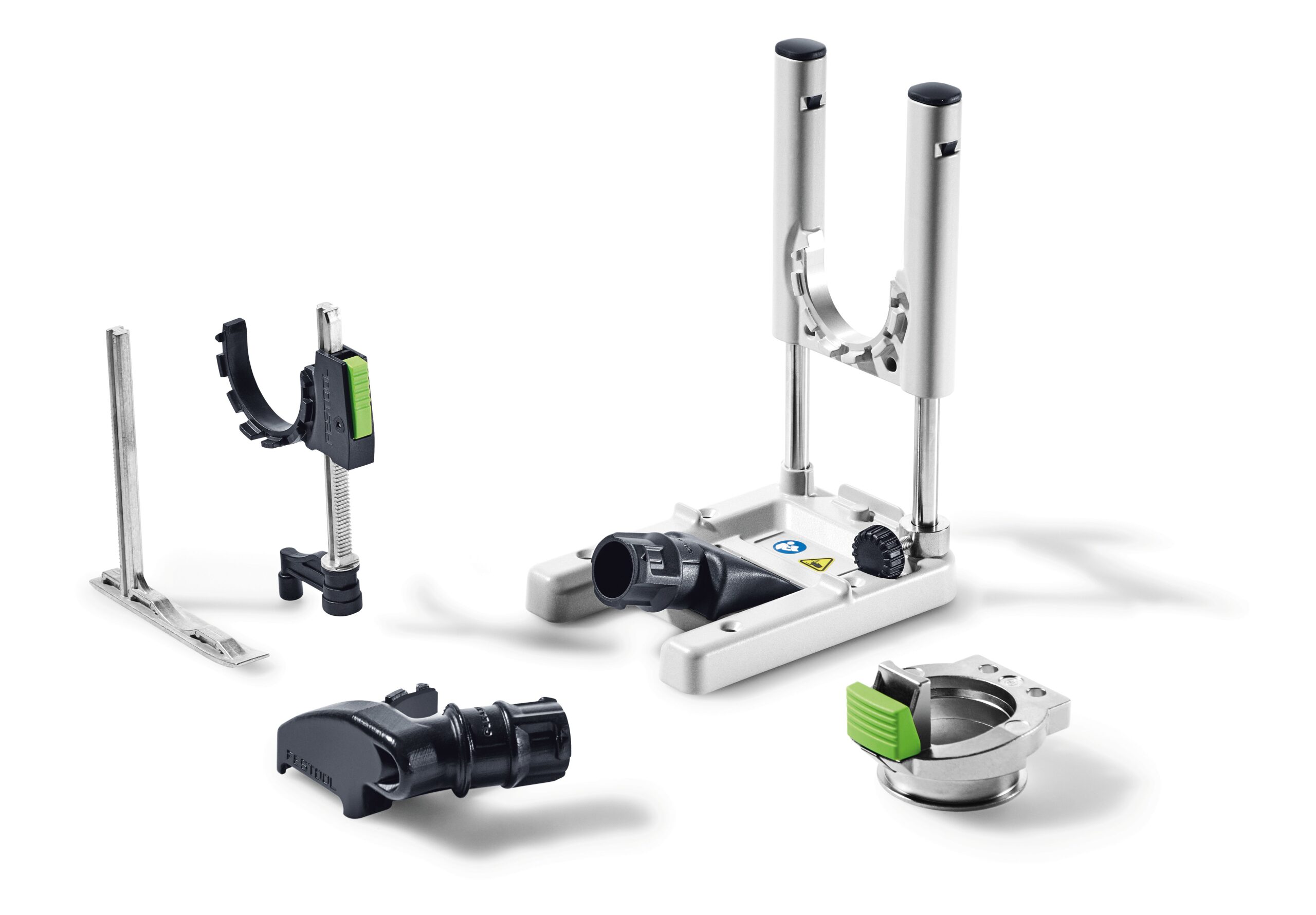 Five Festool 203258 metal and plastic parts on white background, including clamps, a base with rods, and green-adjustable pieces.