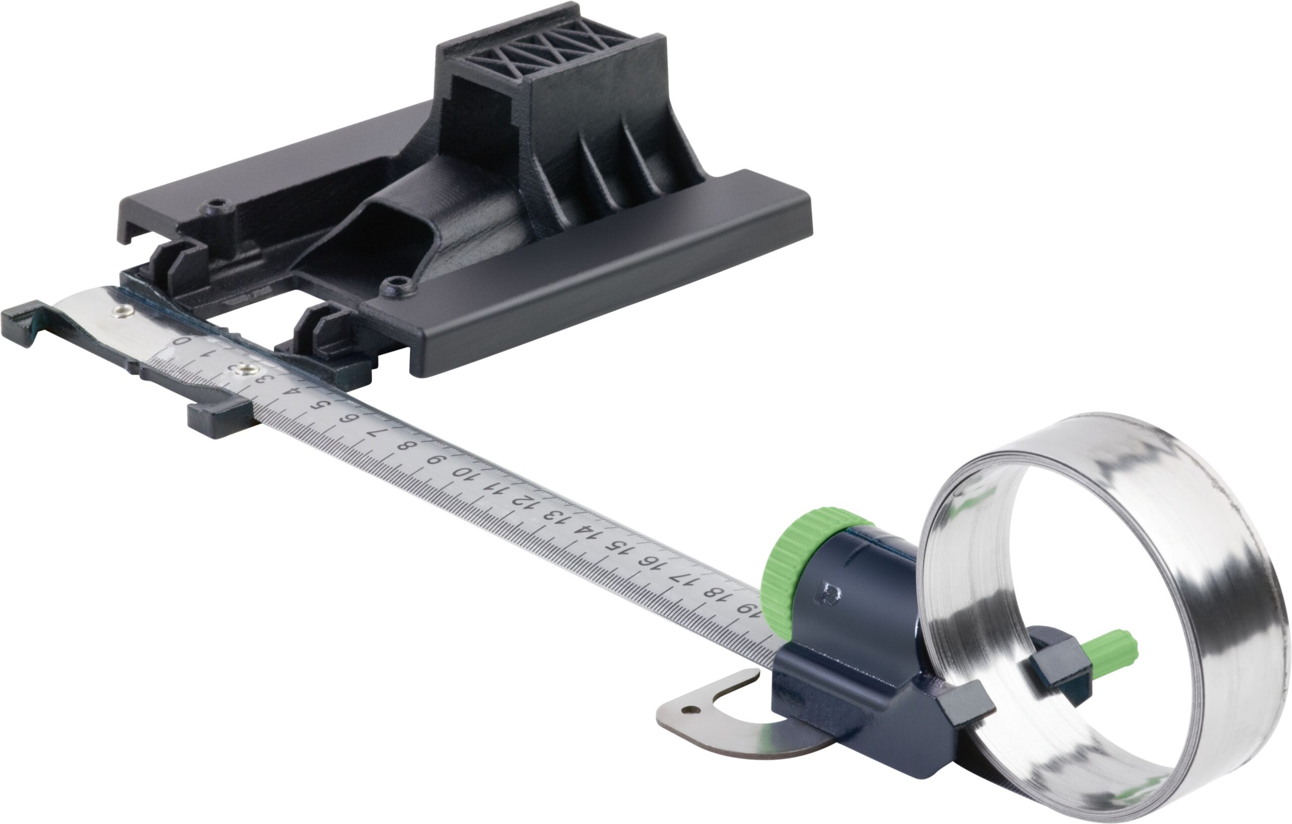 A metal measuring tool with a clamp, ruler, and adjustable green dial used for precision tasks with the Festool 497443 KS-PS 420 Set.