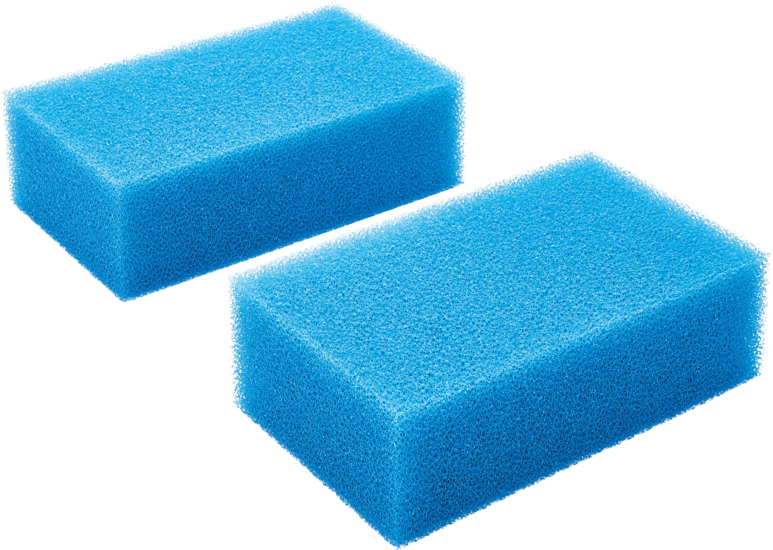 Two blue sponges placed side by side on a clean white surface.