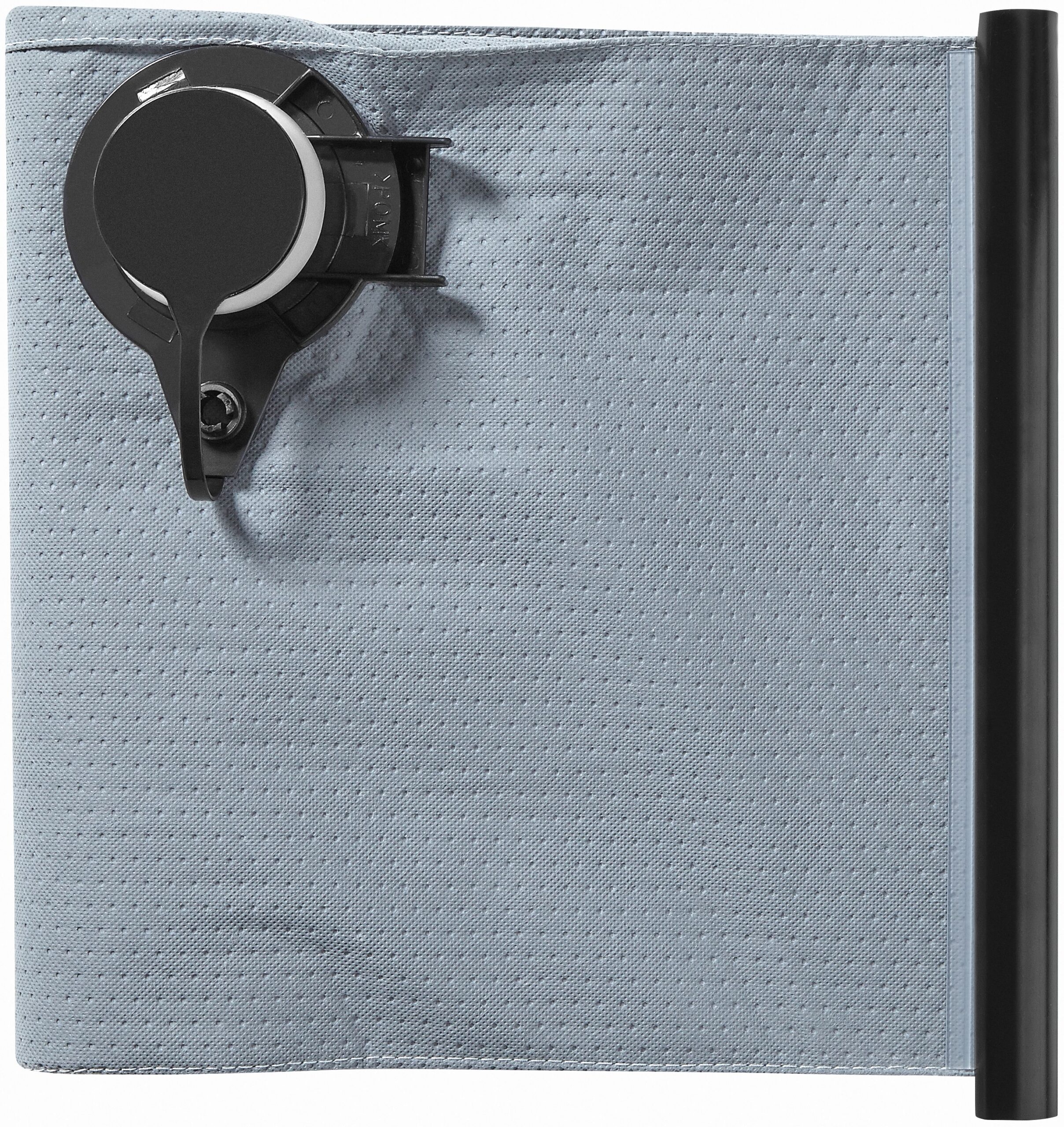 A textured gray surface shaped like a human face is wrapped around a black device with a dial and lever, on a right-side rod.