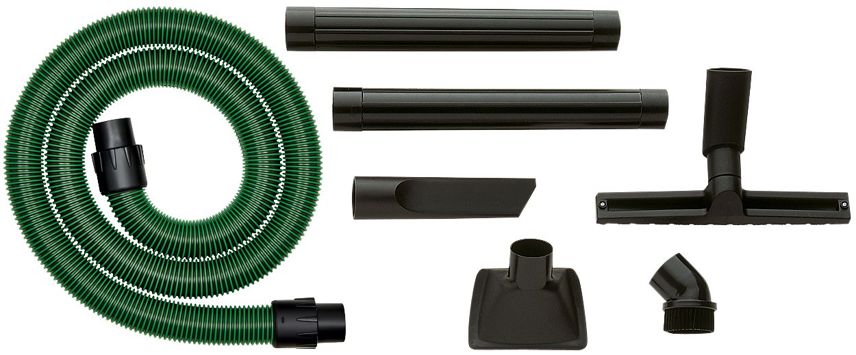 The Festool 577260 Cleaning Set RS-GS D 50 includes a green hose, extension wands, tools, and brushes for versatile vacuuming.