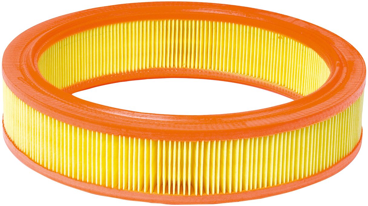 A round, orange and yellow automotive air filter featuring pleated paper material, intended for circular air intake systems.