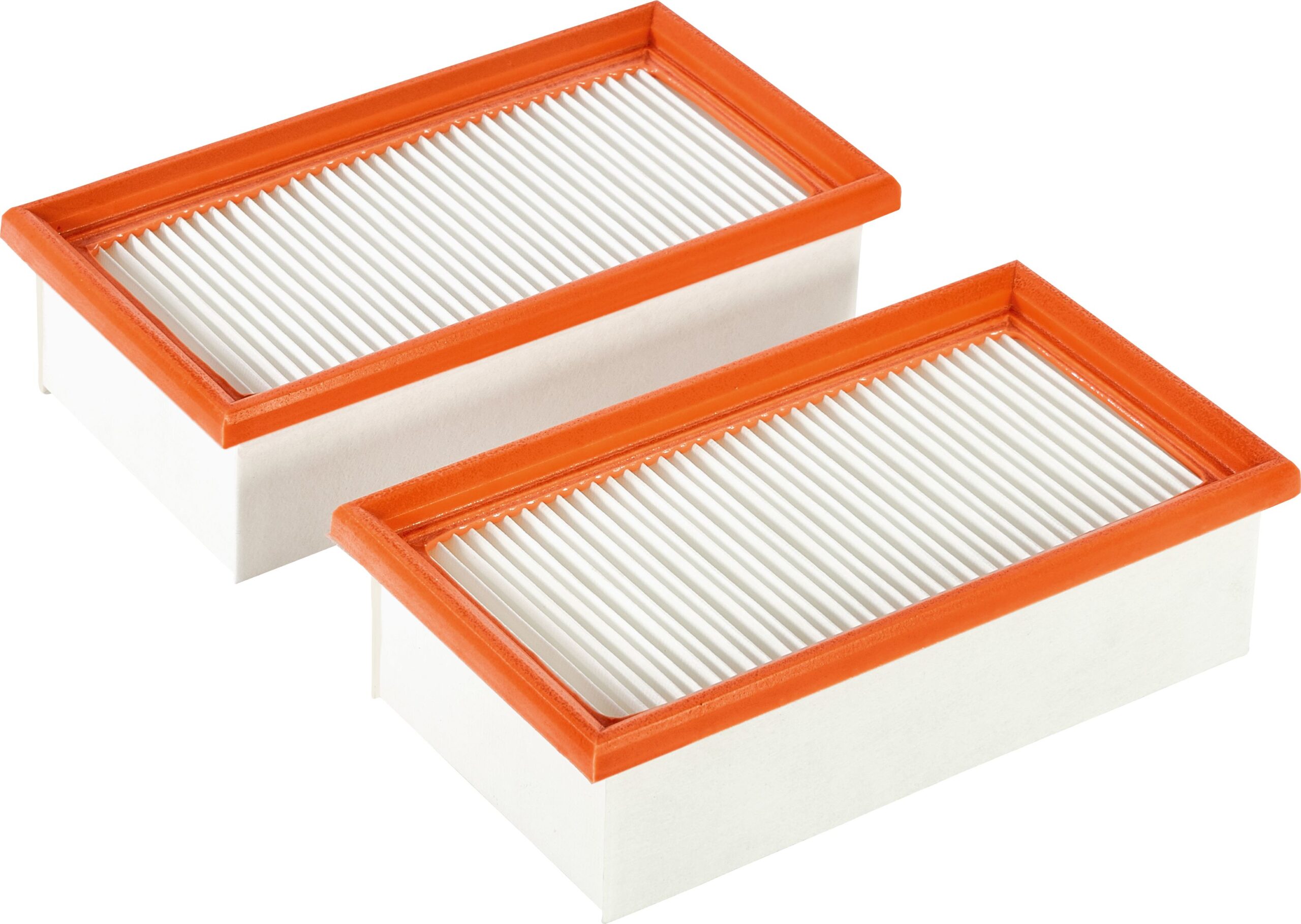 Two rectangular air filters with white pleated centers and orange frames, positioned side by side on a white background.