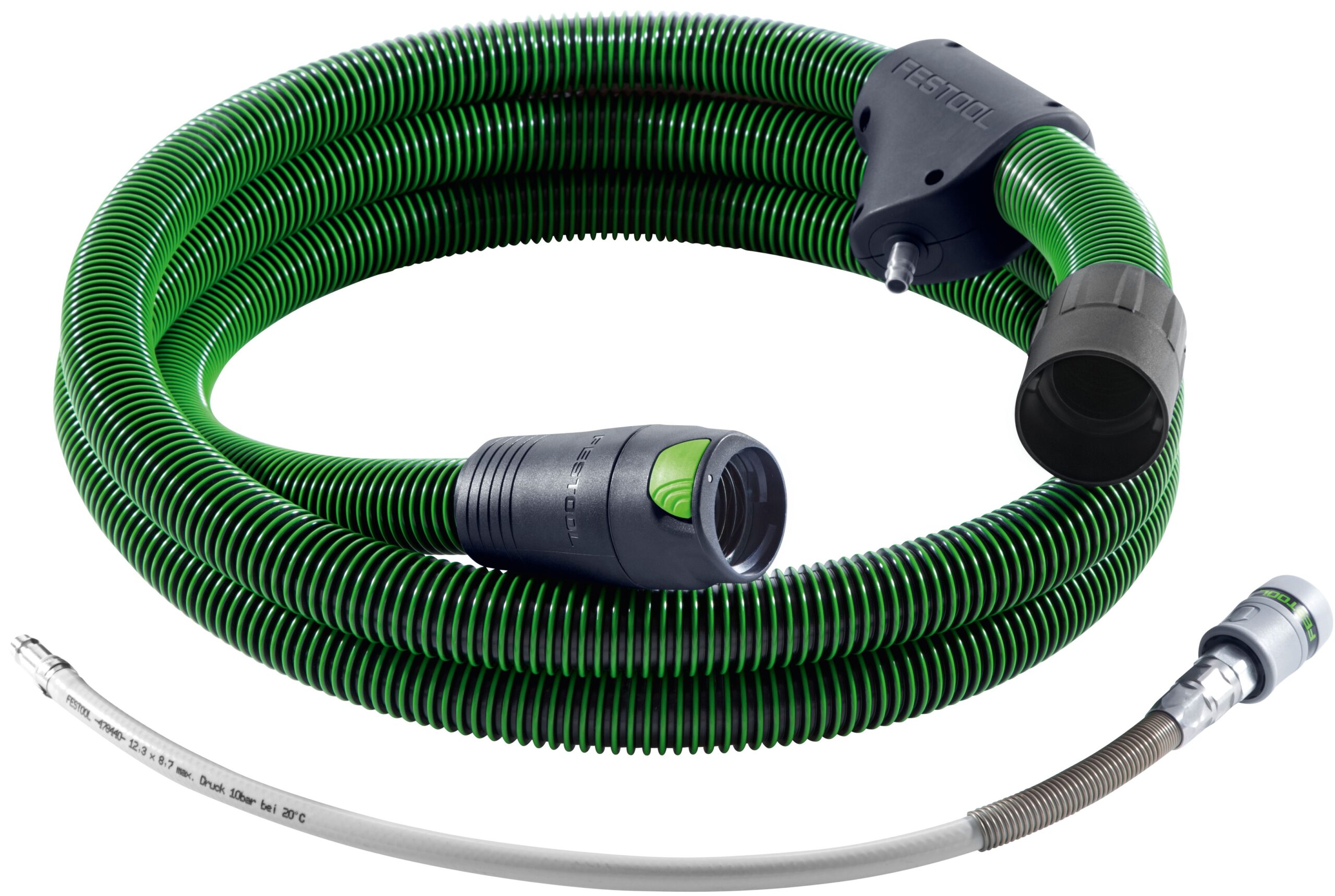 The Festool 497478 IAS hose IAS 3 light 3500 AS is a coiled green and black hose with connectors on both ends for vacuums.