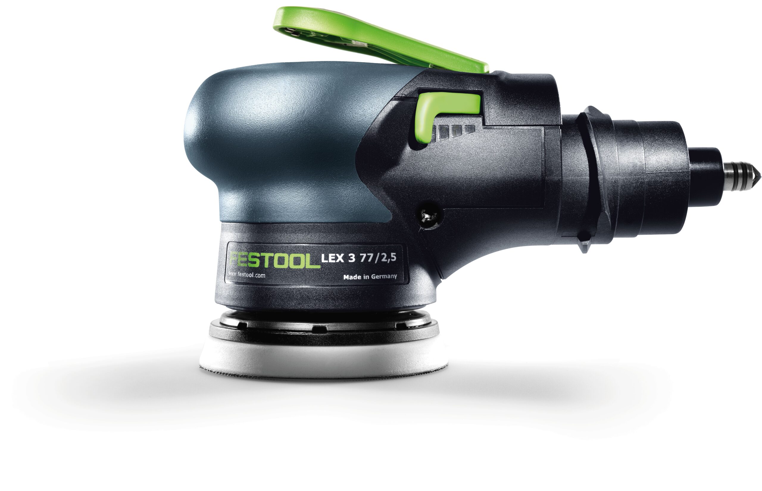 The Festool 691131 Ecc. Sander LEX 3 77/2,5 with a round pad and ergonomic grip is displayed on a white background.