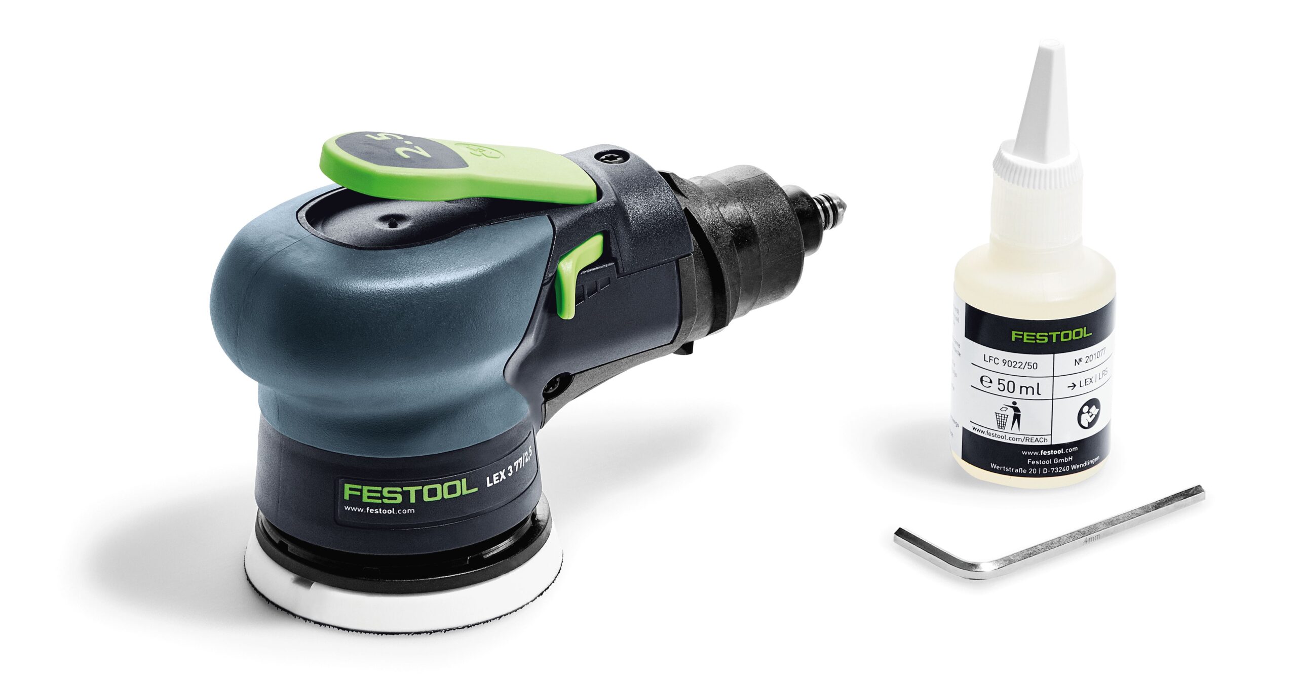 A Festool 691131 Ecc. sander LEX 3 77/2,5 with a white sanding pad, mini lubricant bottle, and hex key on a white background.