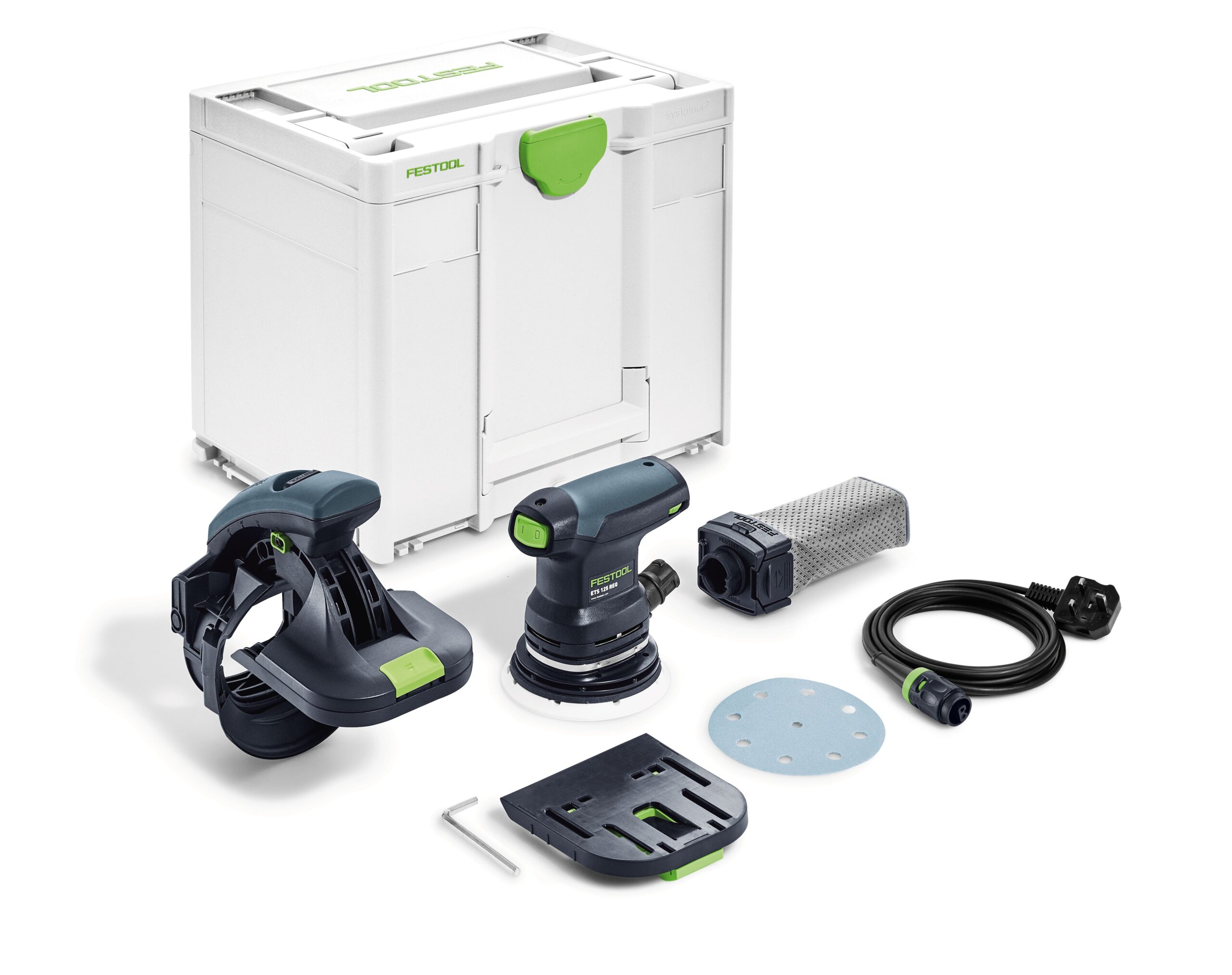 The ESETS125 REQ-PLUS 230V kit includes a round sander, accessories, and storage case, all shown on a white background.