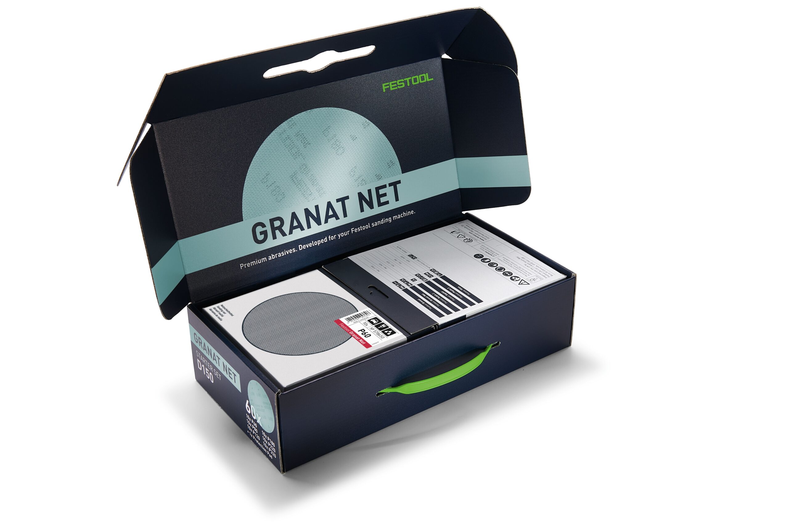 An open Festool 578667 sanding discs box displays gray discs inside, plus product labels and packaging with green-accented design.