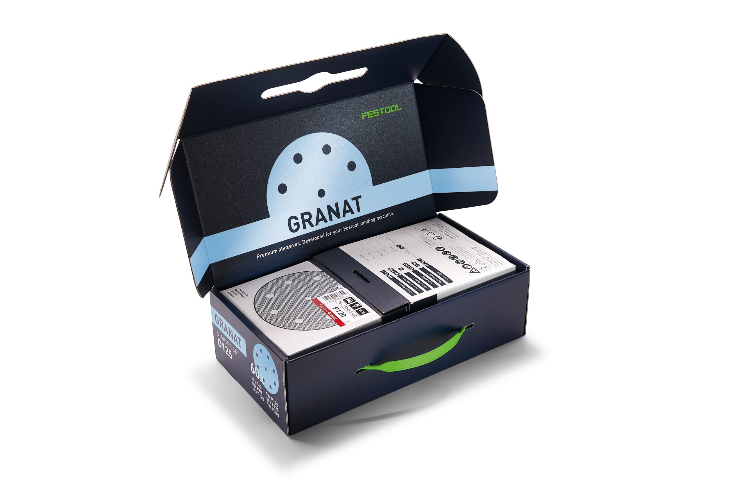 A partially open blue Festool box displays sanding discs and an instruction manual inside, with a sanding disc graphic visible.