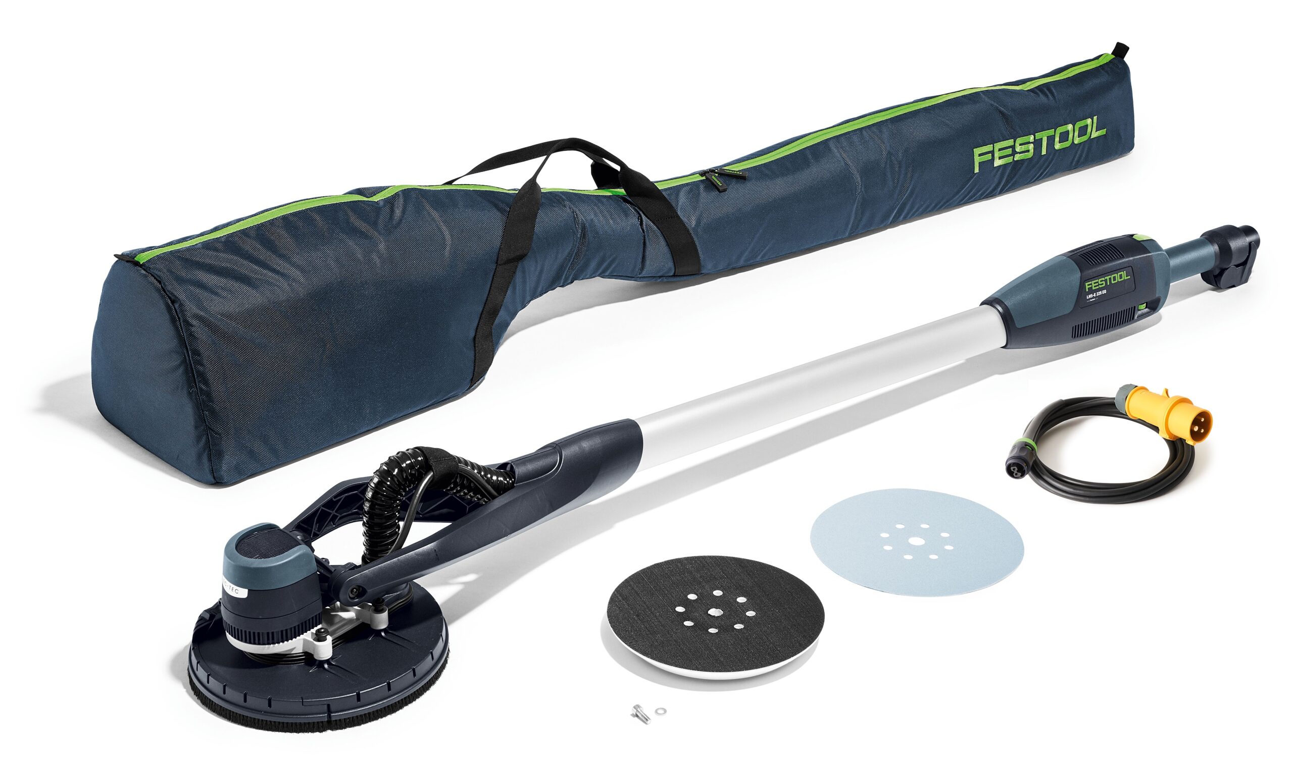 The LHS E-225 EQ 110V drywall sander kit includes a long-handled sander, bag, cable, two sanding discs, and a screw on white.