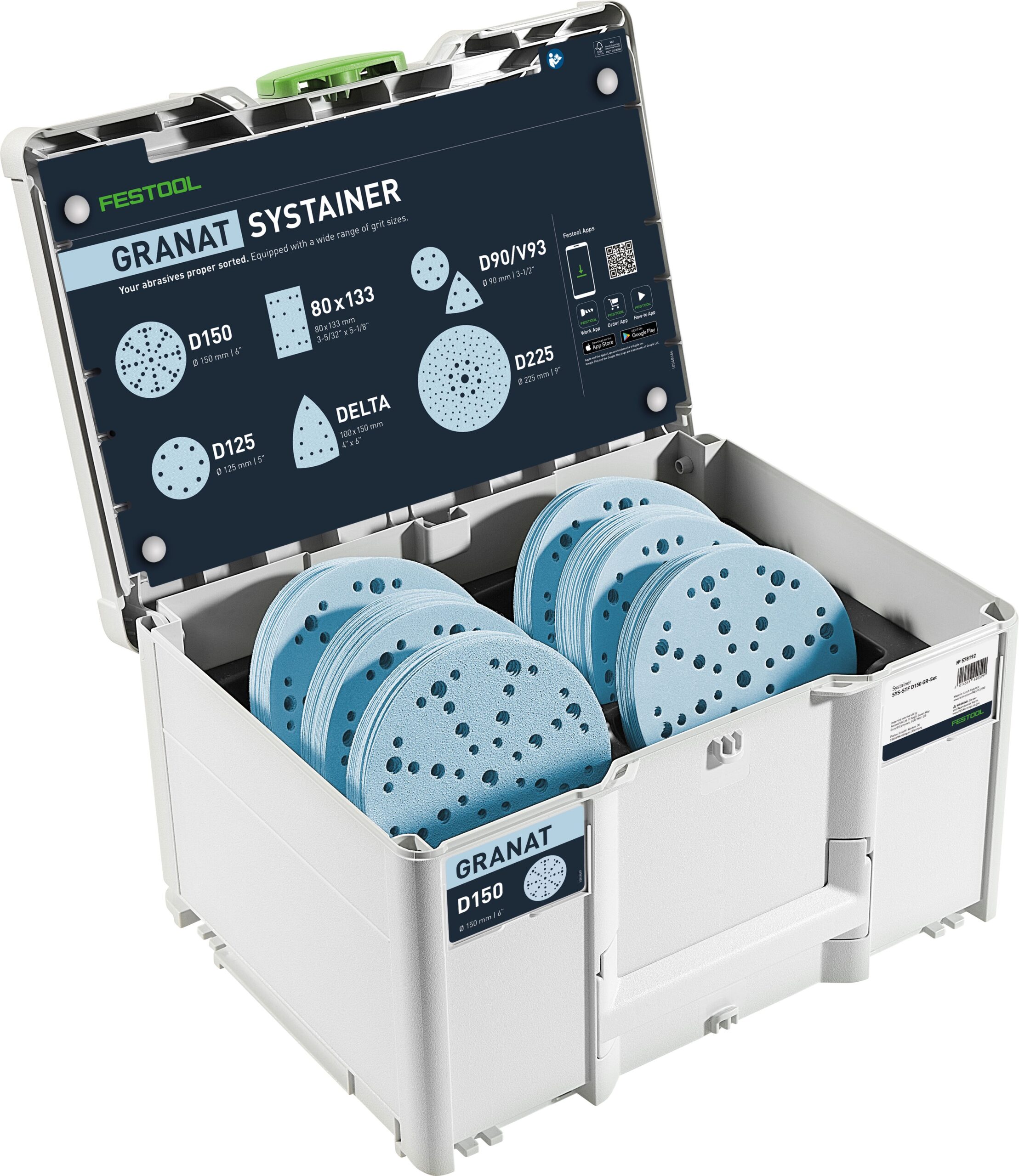 A white Festool Systainer holds stacks of sanding discs and has a chart inside the lid showing disc sizes and hole patterns.