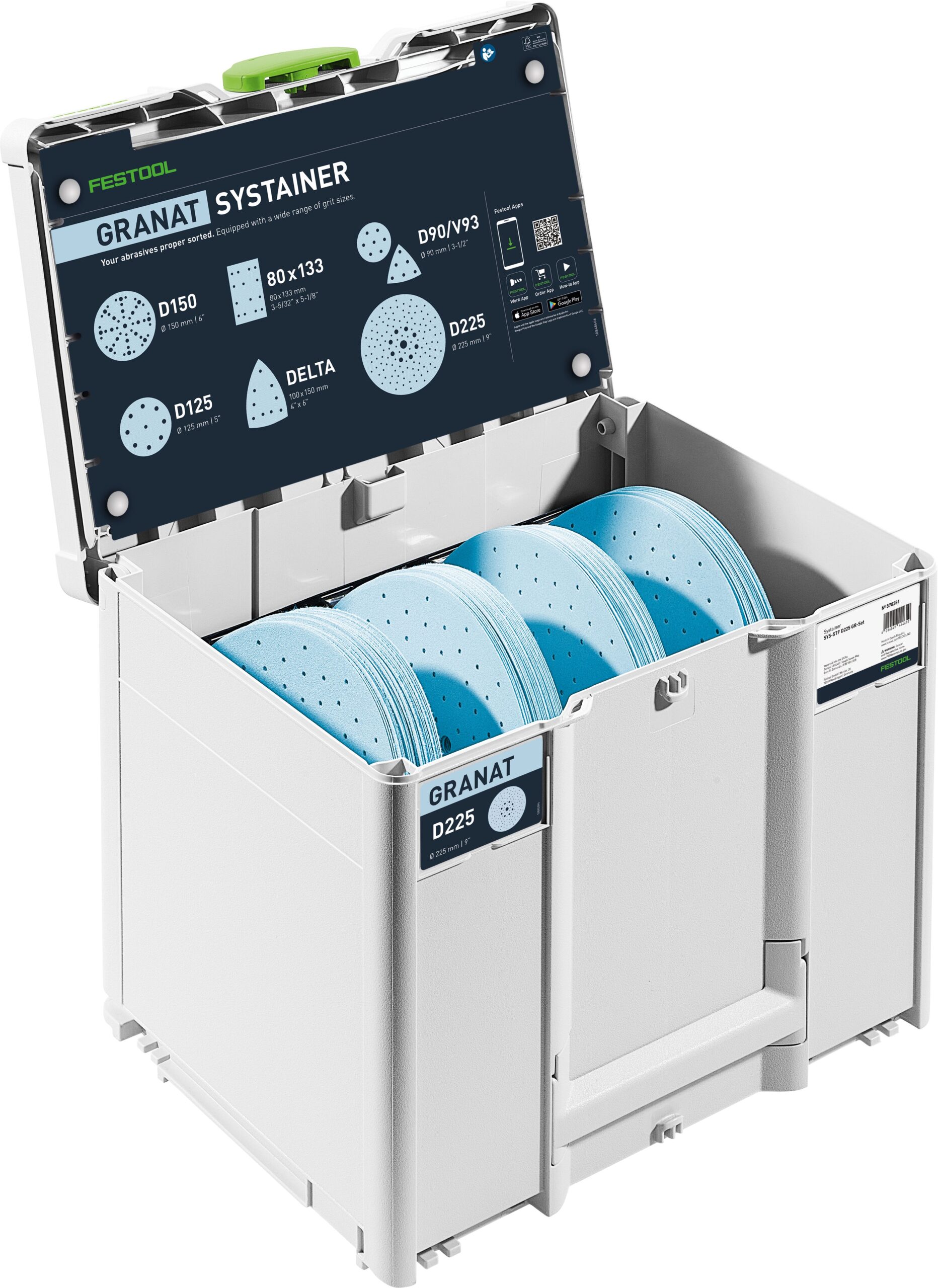The Festool 578281 sanding discs SYS-STF D225 GR-Set is a white plastic box with several sanding disc rolls and a chart in the lid.