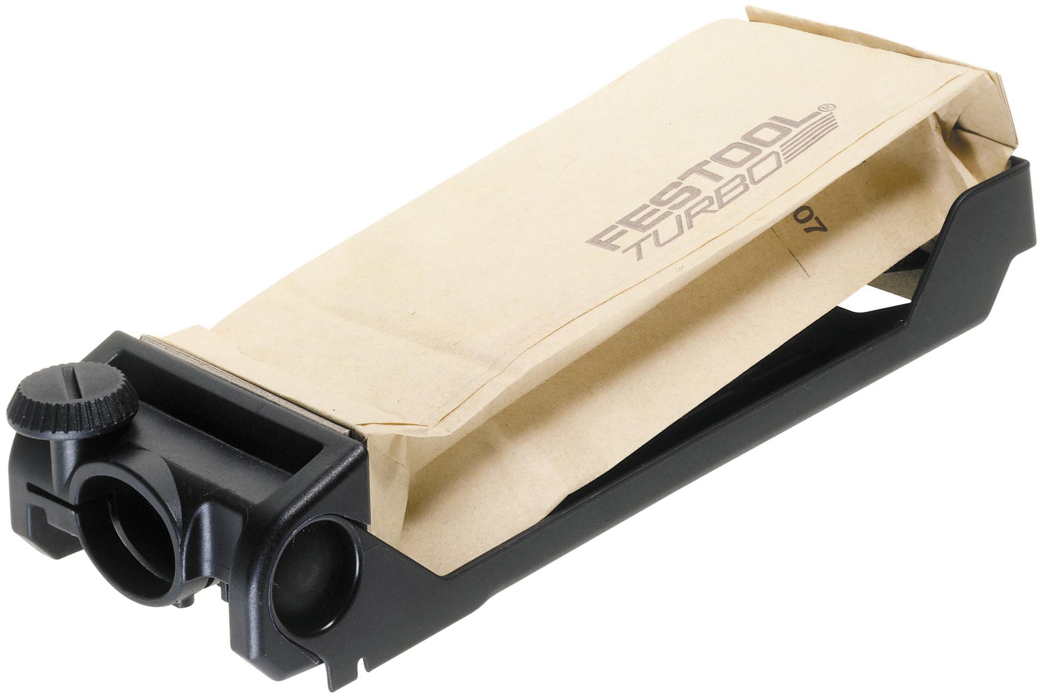 The Festool 487780 TURBOFILTER-SET TFS II-ET/RS has a black plastic base and folded brown paper bag for efficient dust collection.