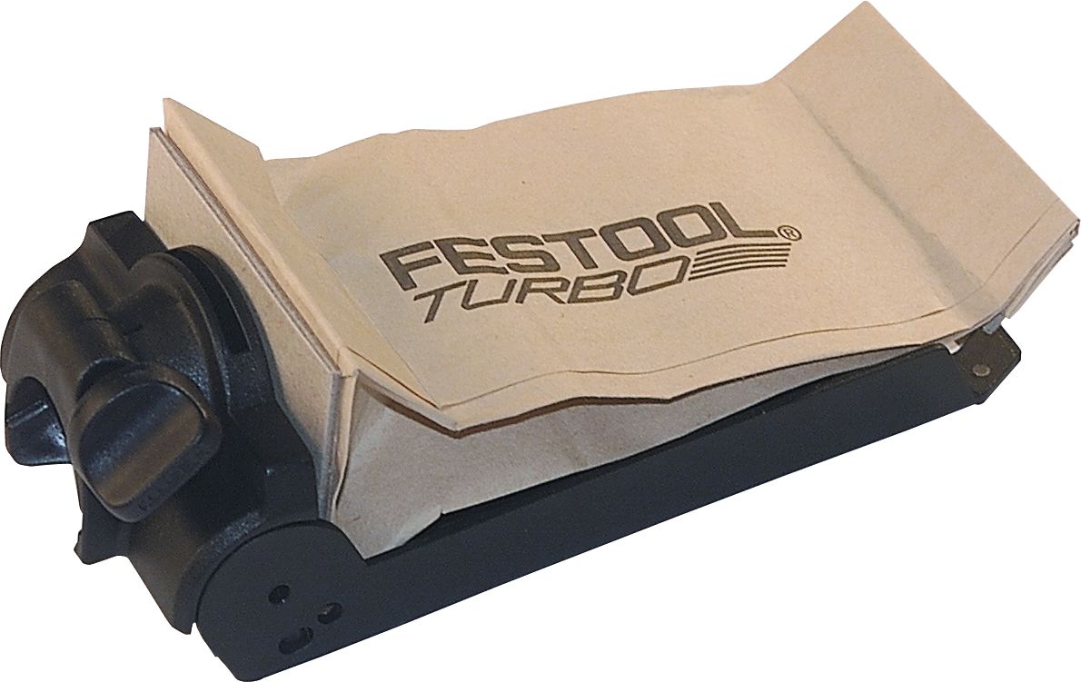A Festool Turbo dust collection bag attached to a black plastic holder, designed for use with power tools to collect dust and debris. The bag is beige.