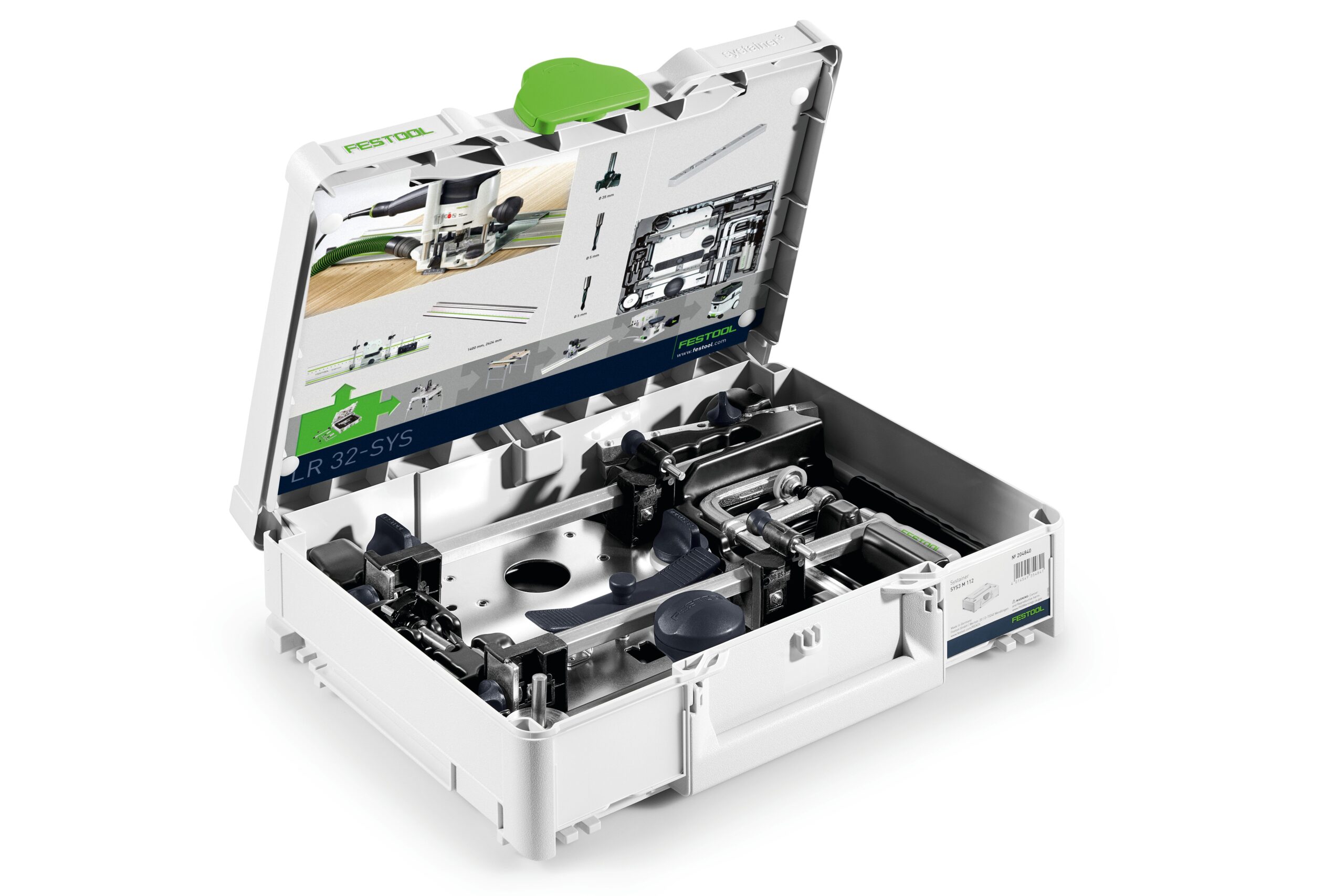 The open Festool 576799 LR 32-SYS case displays organized metal tools for precise hole drilling, with diagrams on the inner lid.
