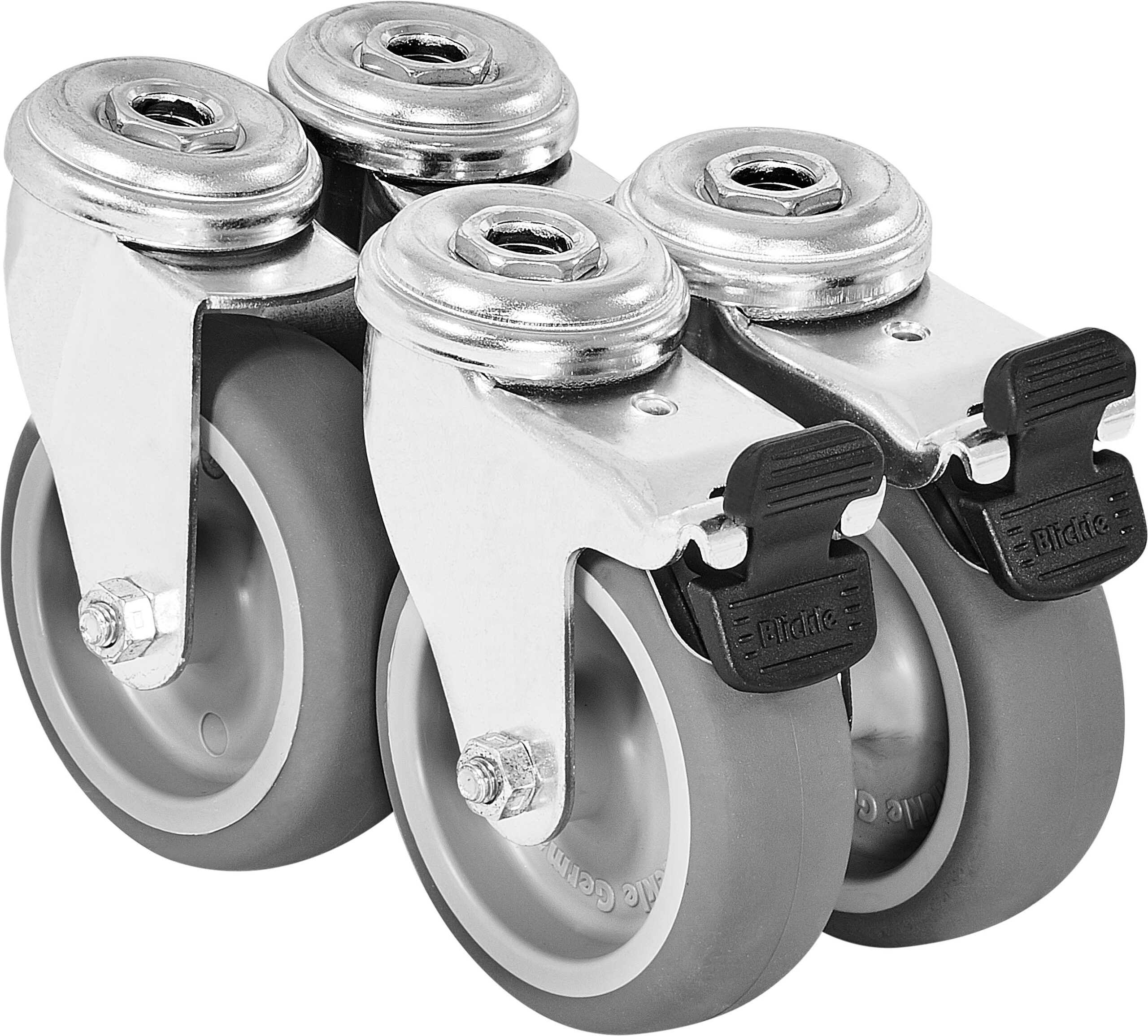 The Festool 491932 SYS-PORT R/2 set includes two gray swivel castors with metal plates and black brake levers for mobility.
