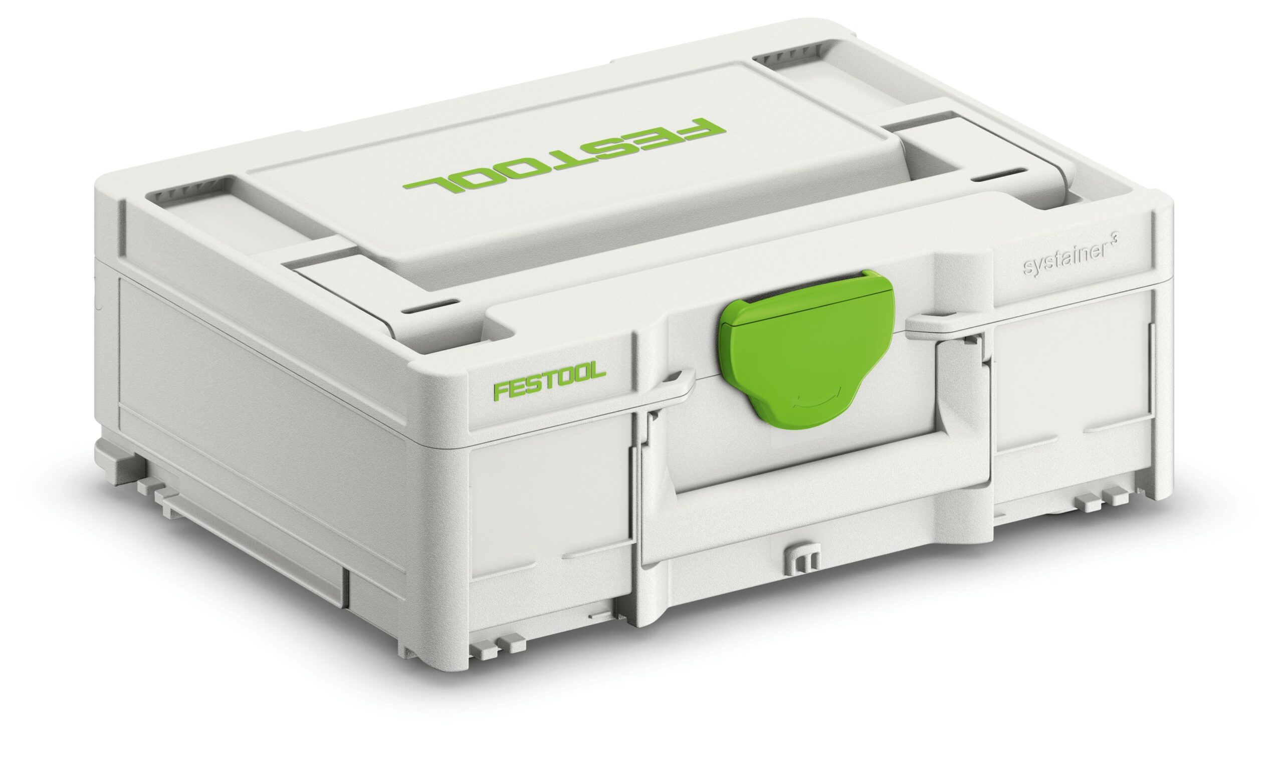 A white Festool Systainer tool storage box with a green latch and handle, and the Festool logo in green on the top and side.